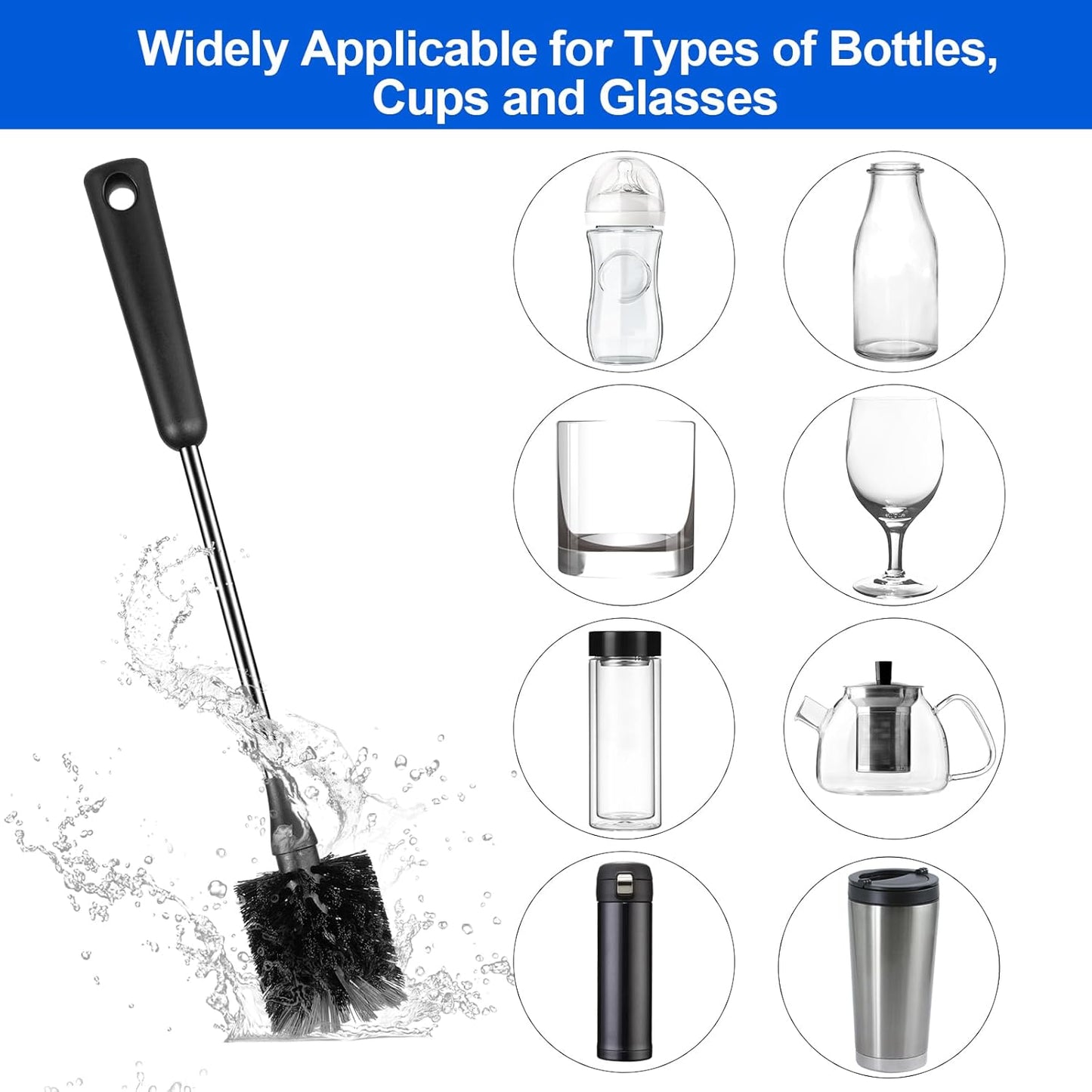 Bottle Brush, Long Stainless Steel Handle Water Bottle Brush Cleaner, Sports Bottle Scrubber, Kitchen Scrub Cleaning Brushes for Beer Bottles, Cups, Wine Glasses, Coffee Mugs, Tumblers, Thermos
