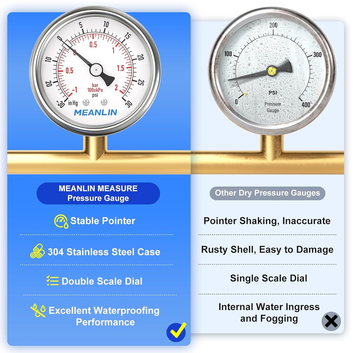 MEANLIN MEASURE -30inHG~30Psi Vacuum Gauge Stainless Steel 1/4" NPT 2" FACE DIAL Waterproof for Air Compressor HVAC Negative Pressure Hand Pump Pool Back Mount with 1/2" NPT and 3/8" NPT Hex Bushing