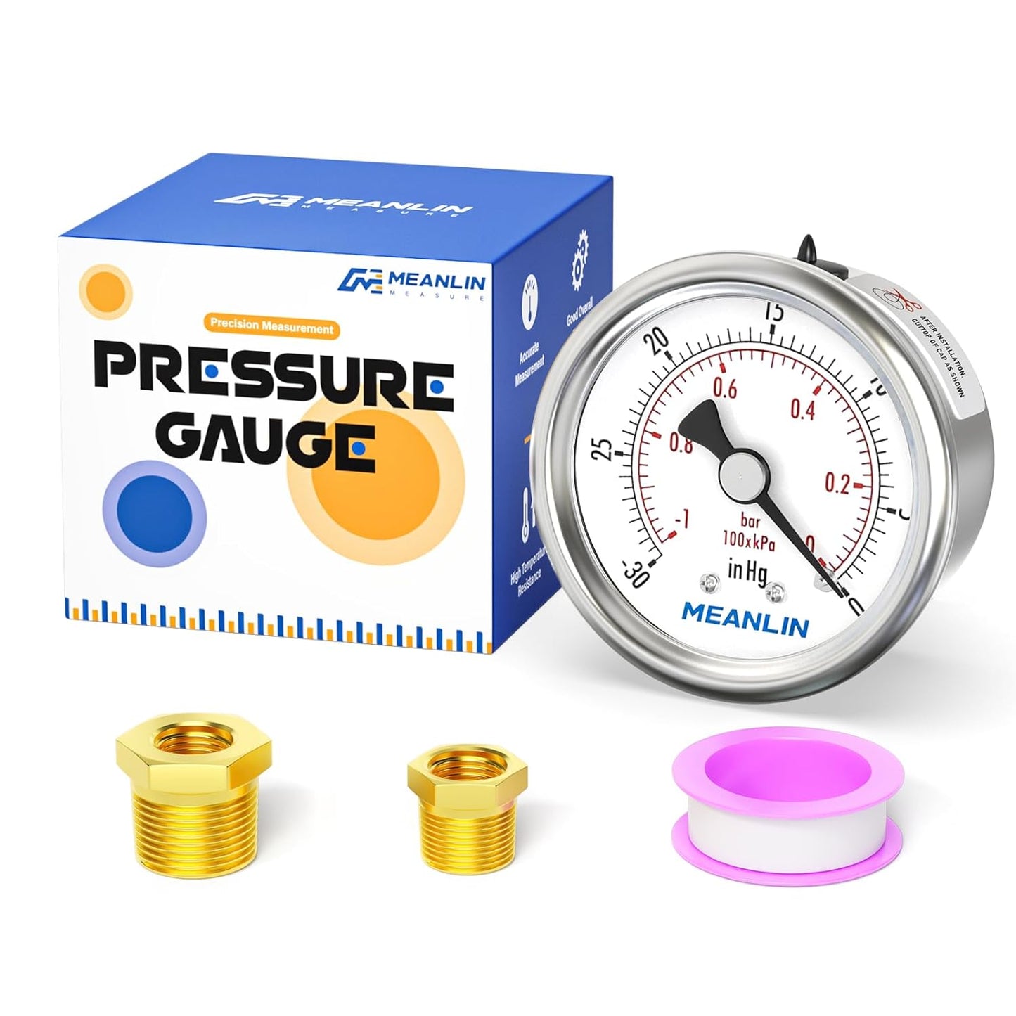 MEANLIN MEASURE -30inHG~0Psi Vacuum Gauge Stainless Steel 1/4" NPT 2" FACE DIAL Waterproof for Air Compressor HVAC Negative Pressure Hand Pump Pool Back Mount with 1/2" NPT and 3/8" NPT Hex Bushing