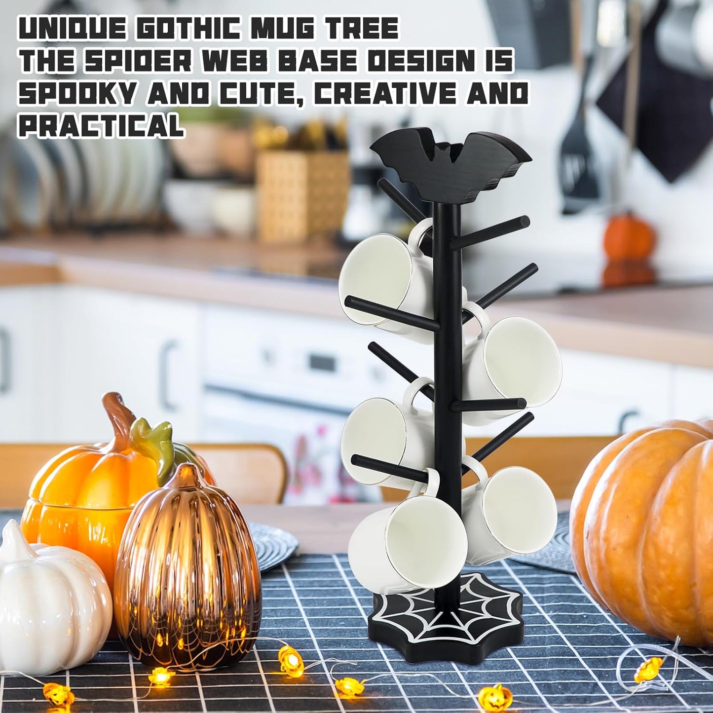 Bat Mug Holder Tree - 8 Hooks Coffee Mug Rack - Gothic Home Decor Wood Coffee Mug Tree for Countertop - Coffee Cup Holder for Halloween Kitchen Organizer & Coffee Bar Accessories (Spider Web)