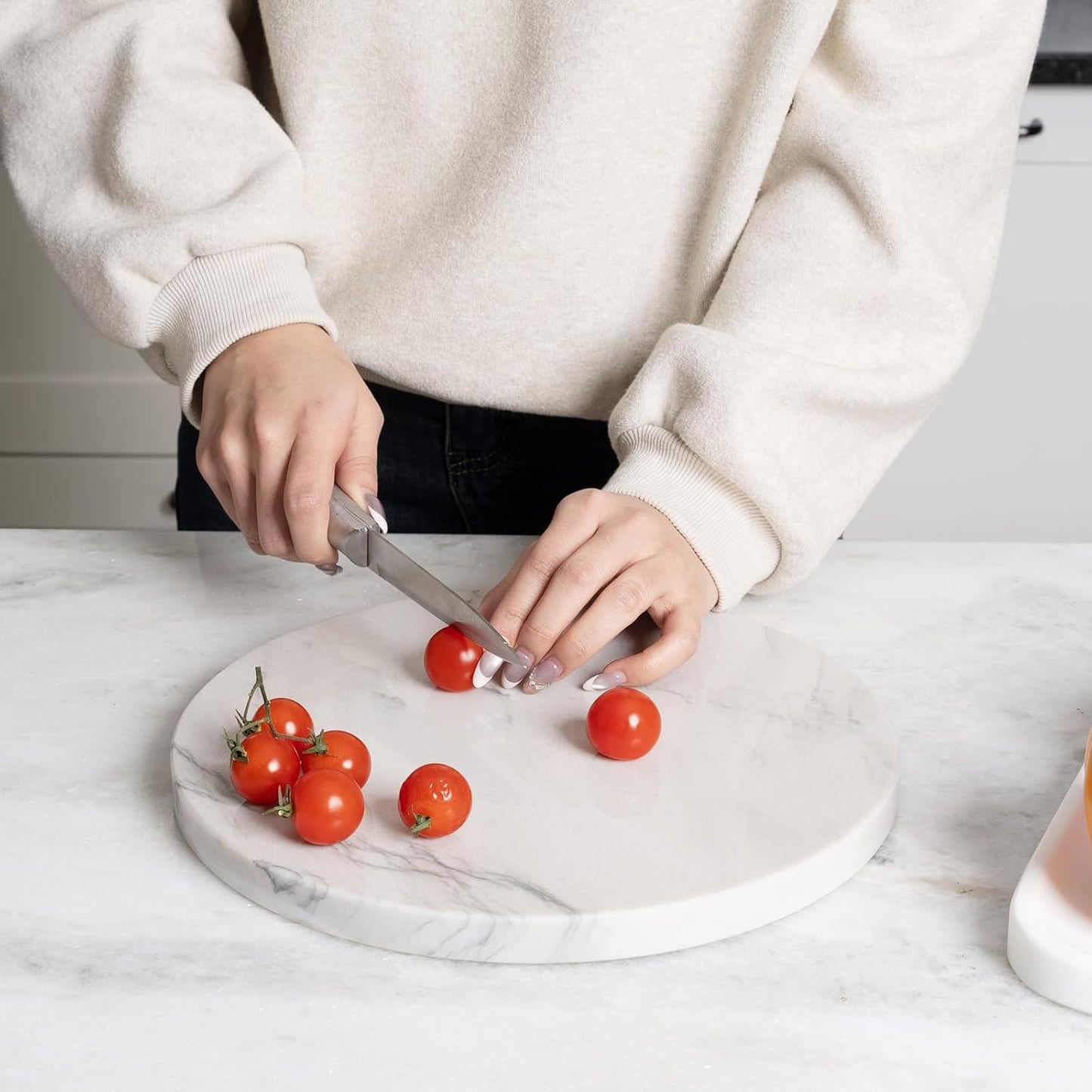 Koville Brazilian Natural Marble Cutting Board for Kitchen, 11inch Round Hand Crafted Marble Slab for Cheese, Charcuterie, Pastry Board - Wedding Gift, House Warming Gift(White Macaubas)