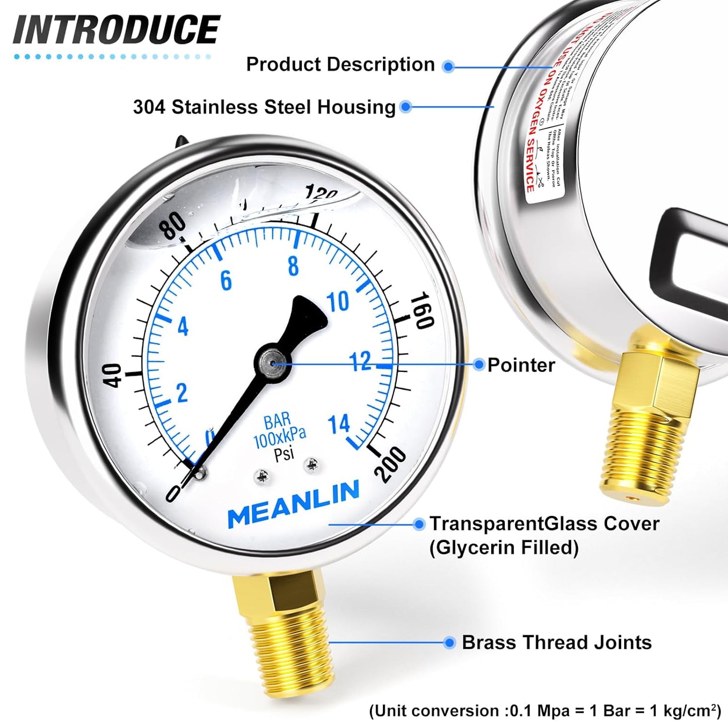 MEANLIN MEASURE 0~200Psi Stainless Steel 1/4" NPT 2.5" FACE DIAL Liquid Filled Pressure Gauge WOG Water Oil Air Lower Mount, with 1/2" NPT and 3/8" NPT Hex Bushing