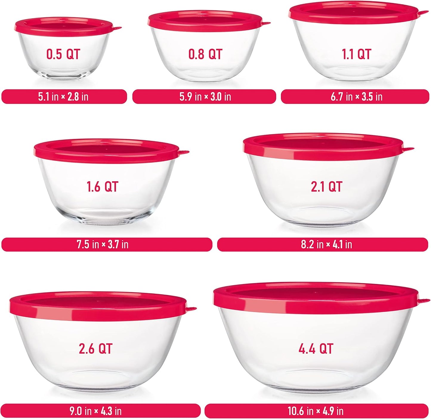 7 Stackable Space-Saving Nesting Glass Bowls with Pink Lids for Foodprep, Storage, Baking, Mixing & Cooking, Microwave Safe - Durable Inert Borosilicate Glass
