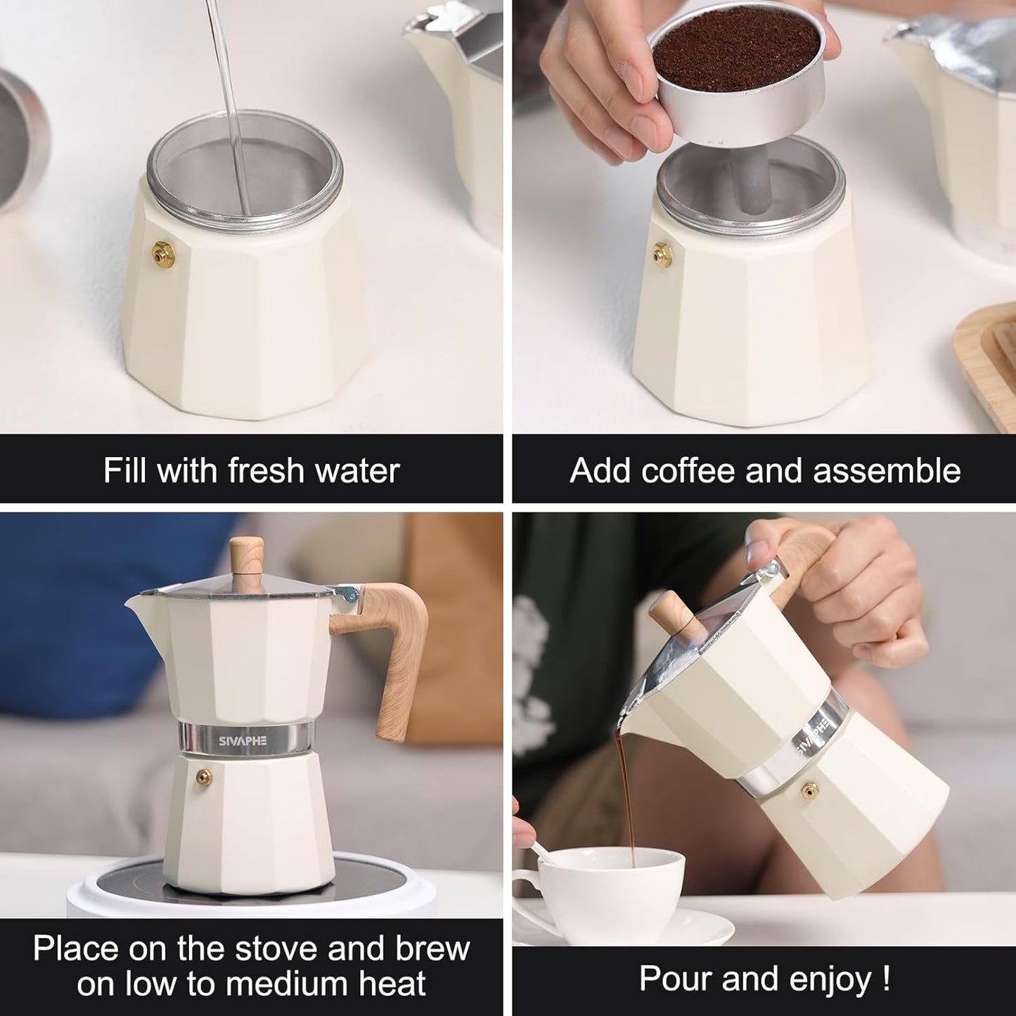 Sivaphe Aluminum Moka Pot 6 Espresso Cups, Percolator Espresso and Coffee Maker, Portable Stovetop Italian and Cuban Café Brewer for Home and Camping White