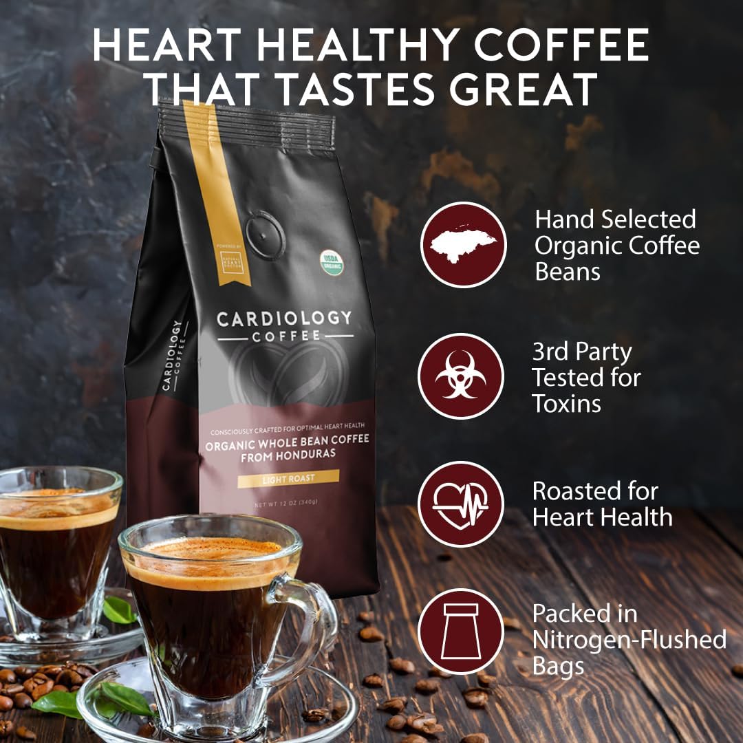 Cardiology Coffee – Whole Bean Coffee – USDA Certified Mold-Free 12oz Premium Light Roast Organic Coffee Beans with Antioxidant Benefits – Perfect for Heart Healthy Lifestyle