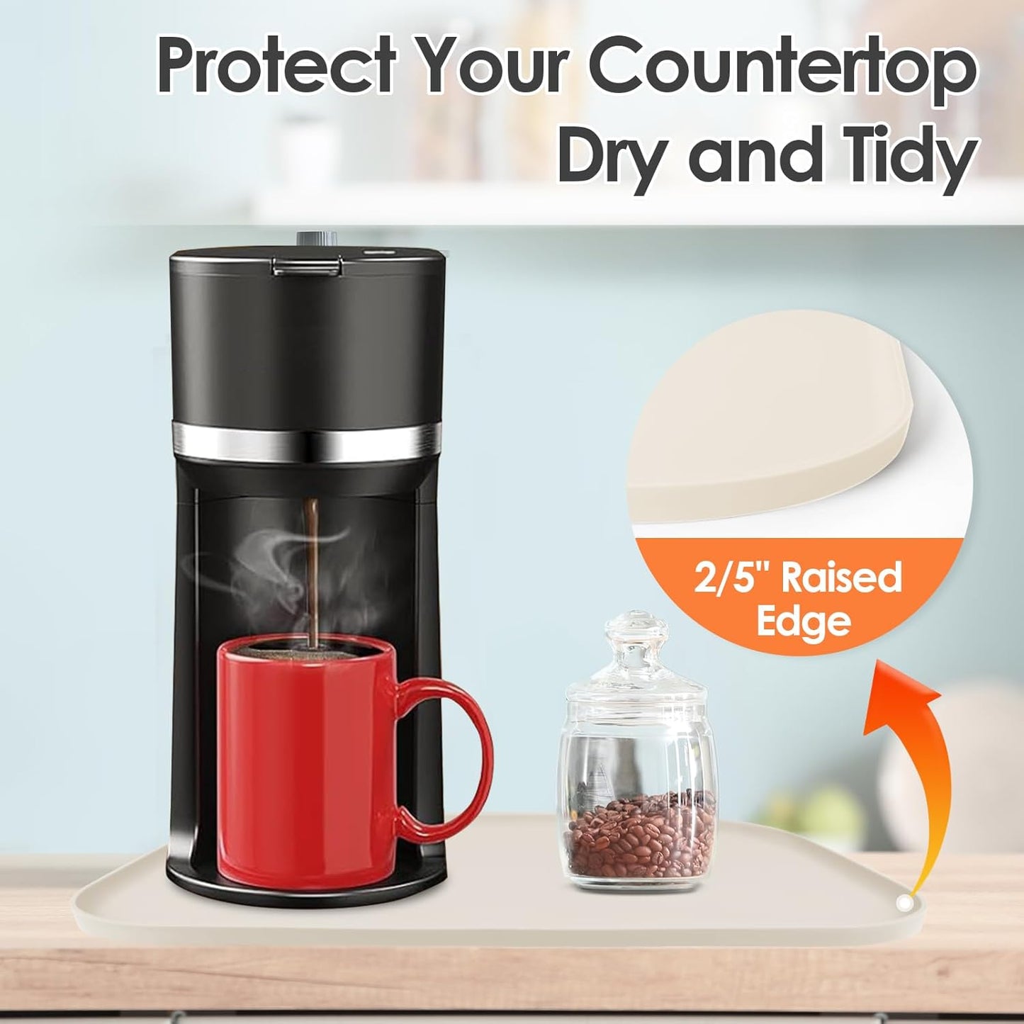 Silicone Coffee Maker Mat with Lip, 24'' x 16'' Heavy Duty Coffee Maker Mat for Countertops, Coffee Tray Fit Under Coffee Machine Appliance Automatic Machines Espresso Accessory, Beige