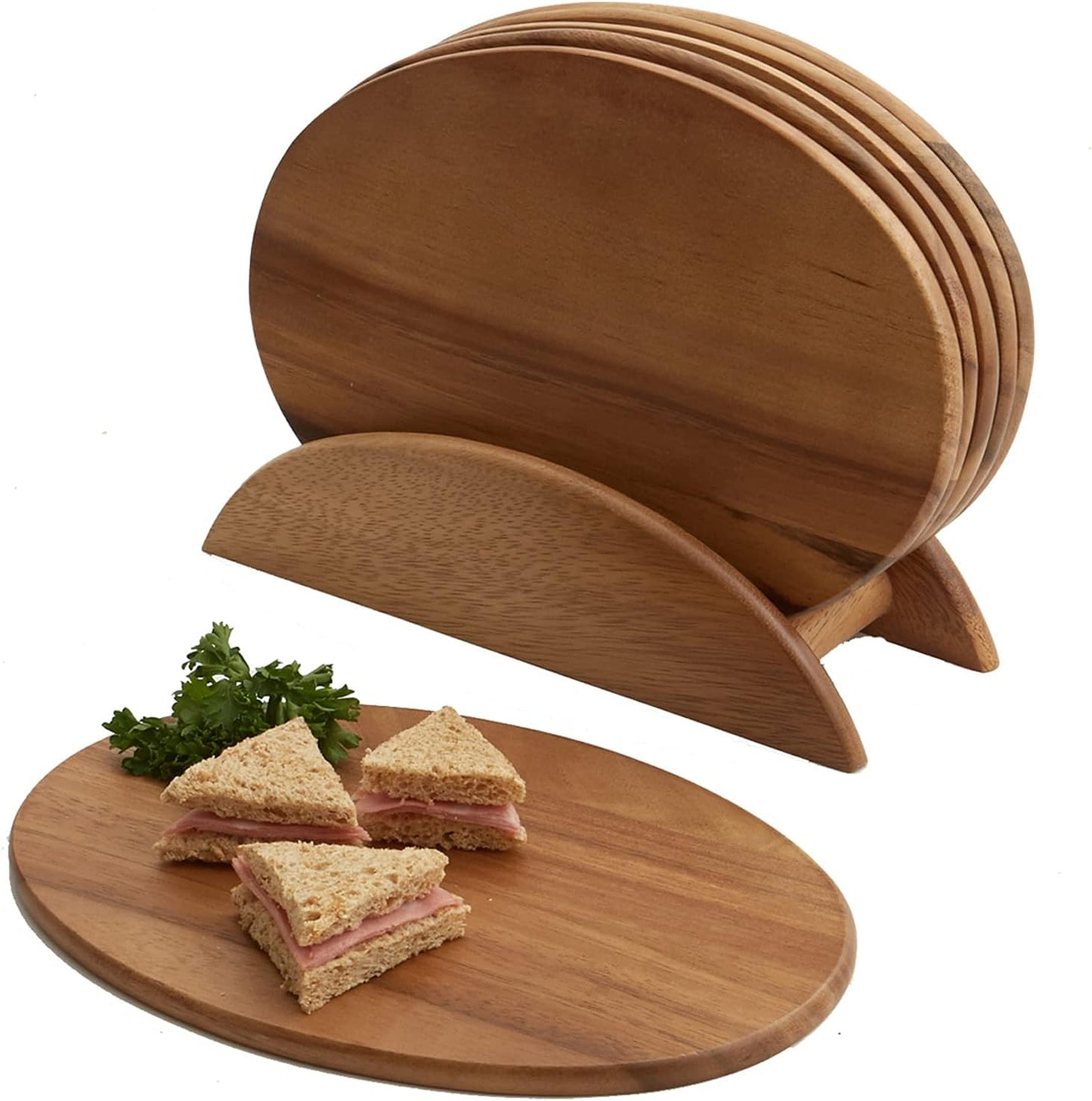 Woodard & Charles 6 Acacia Wood Serving Boards with Stand, Perfect for Serving, Sushi, Cheese, Hors d'oeuvre, Charcuterie, Sandwiches, 7 Piece Set, 9 1/2" x 6 1/2"