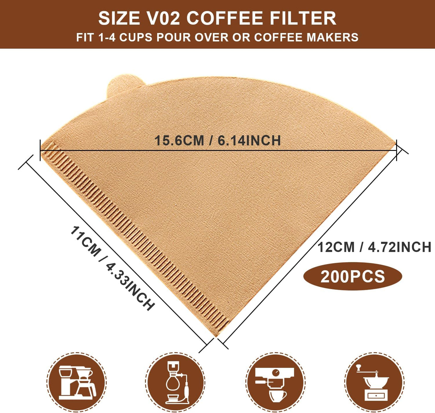 Gute 200Pcs Cone Coffee Filters, 2-4 Cups Unbleached Brown V02 Disposable Coffee Filter Paper, V-Shaped Pour Over Coffee Dripper and Drip Coffee Maker, Size 02