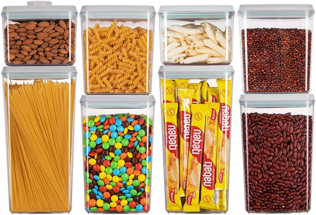 Ankou Food Storage Containers Pop Airtight Food Storage Containers with Lids for Kitchen Pantry Organizing Cereal Snack Flour Sugar Coffee Spaghetti Stackable - 8 Pcs (1.2, 2.0, 2.7, 3.3qt)*2