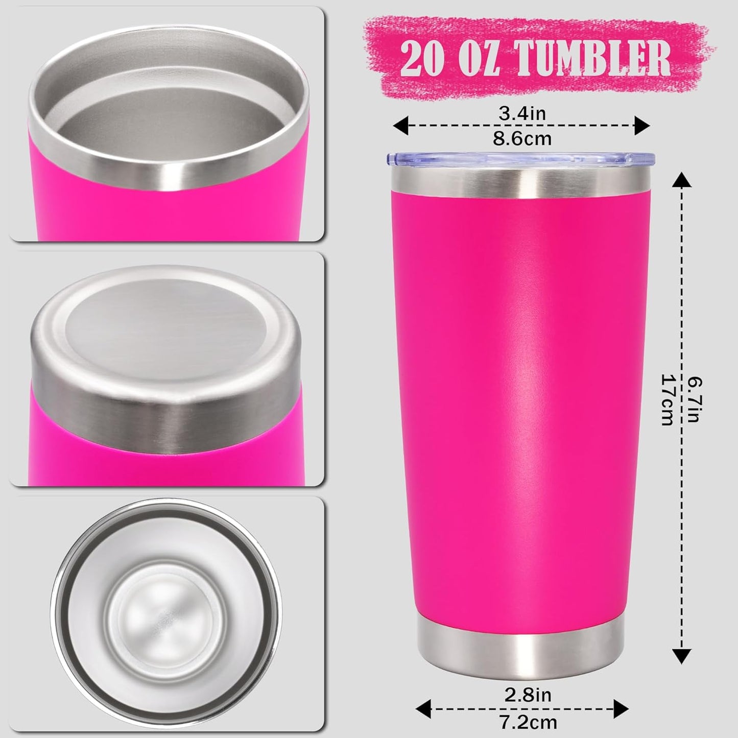 20 oz Tumbler Coffee Tavel Tumblers Bulk with Lid Stainless Steel Double Wall Vacuum Insulated Mug Powder Coated Cups fit Car Cupholder for Hot and Cold - Hot Pink, 4Pack