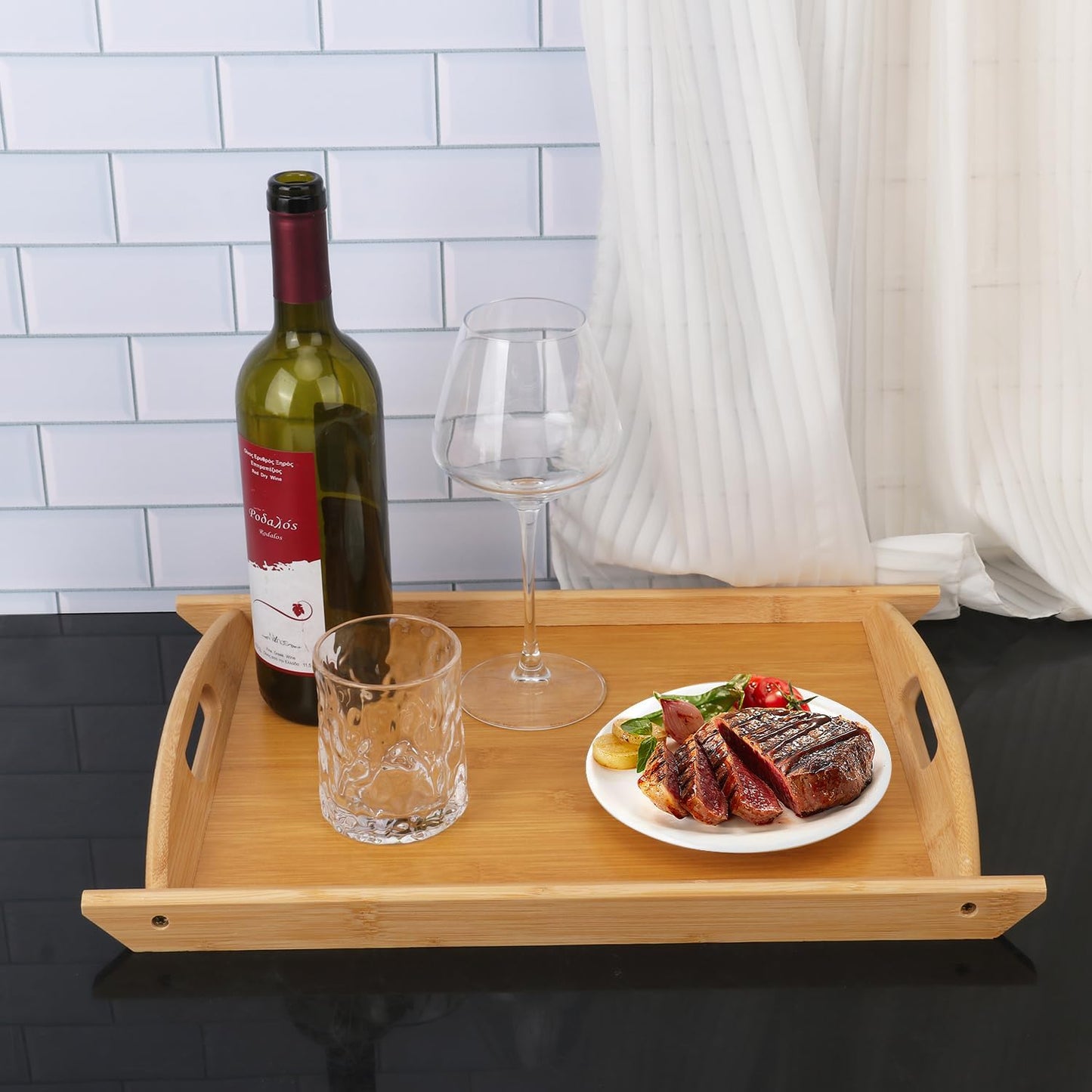 4 Pack 17.3 Inch Large Bamboo Serving Tray with Handle, Decorative Bamboo Breakfast Tray for Breakfast, Kitchen, Outdoor Picnic, Snack (17.3 x 12 x 1.2 Inch)