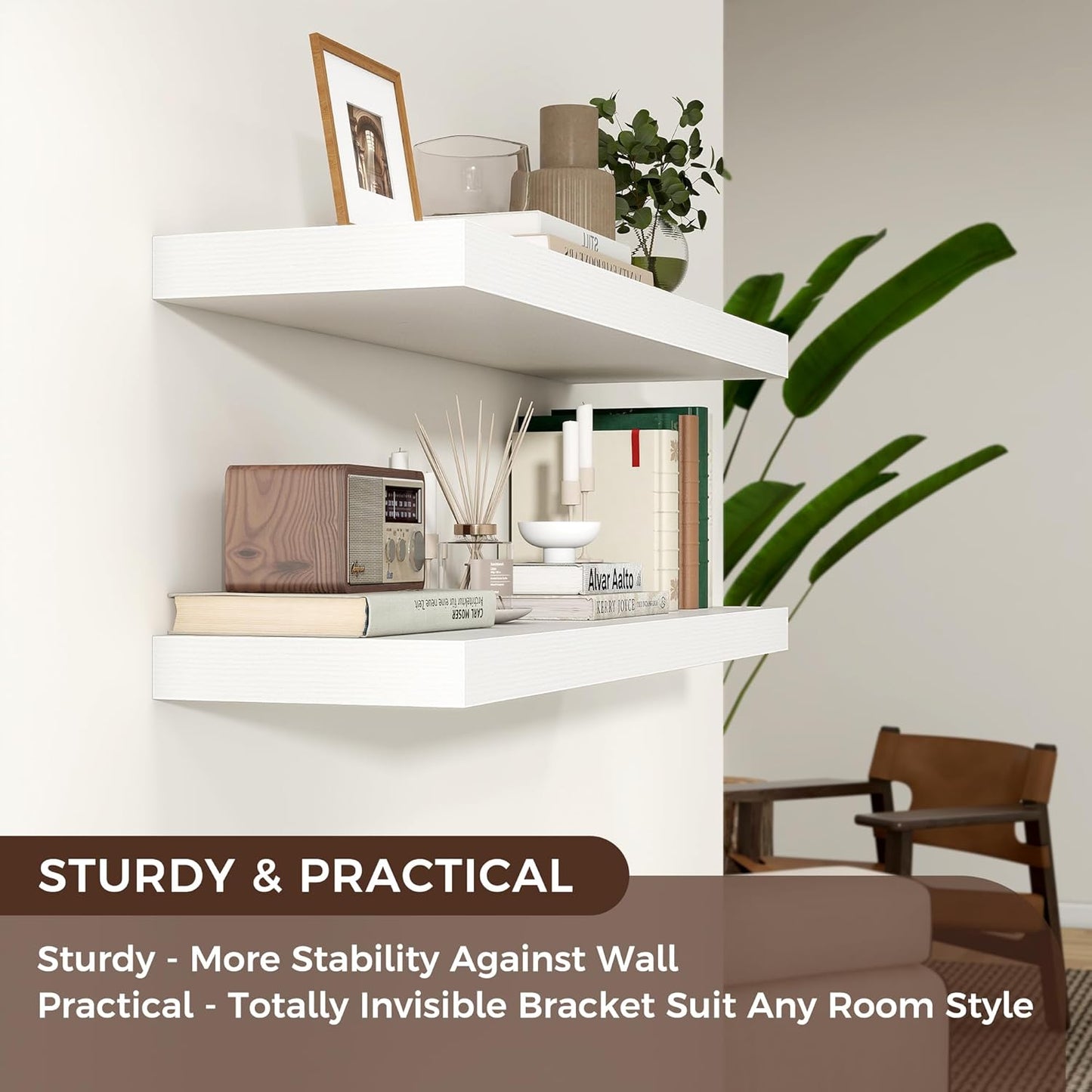 Floating Shelves - 2 Large Wall Mounted Shelves with Invisible Brackets, Long Wood Floating Wall Shelf for Living Room, Bedroom, Kitchen (White, 36" W x 9" D x 1.5" H)