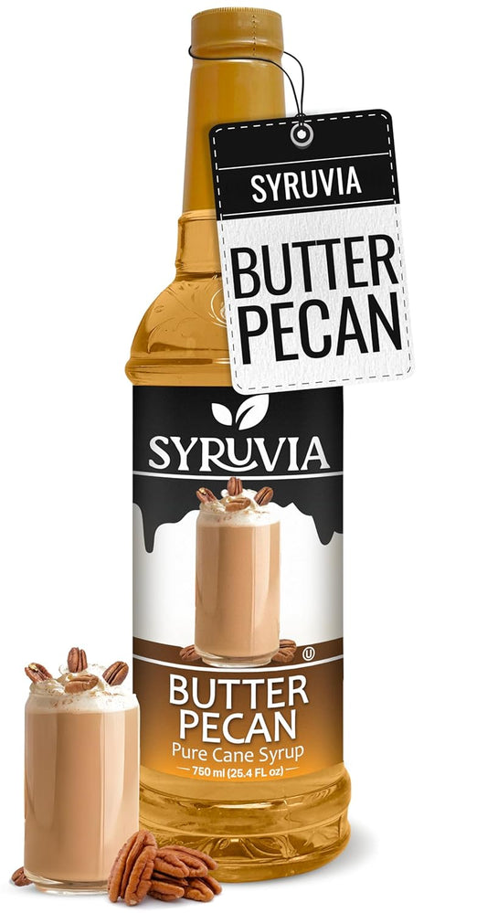 Syruvia Butter Pecan Syrup For Coffee 25.4 Oz. - Kosher & Gluten Free, No Coloring, Perfect for Drinks, Soda, Shakes, Desserts, and More.