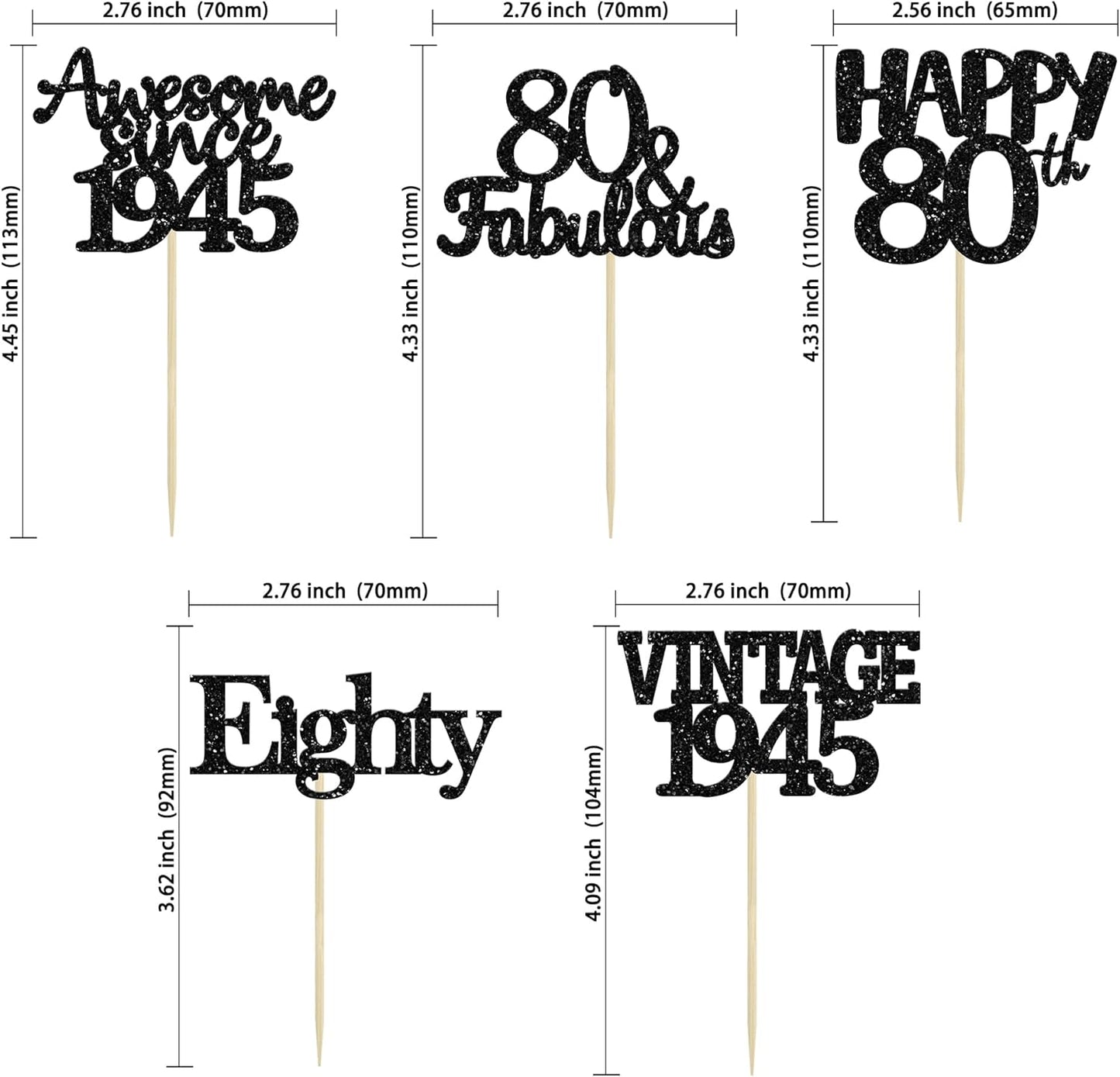 Gyufise 30 Pack Vintage 1945 Cupcake Toppers Glitter Cheers to 80 Fabulous Eighty Cupcake Picks 80th Birthday Wedding Anniversary Party Cake Decorations Supplies Black