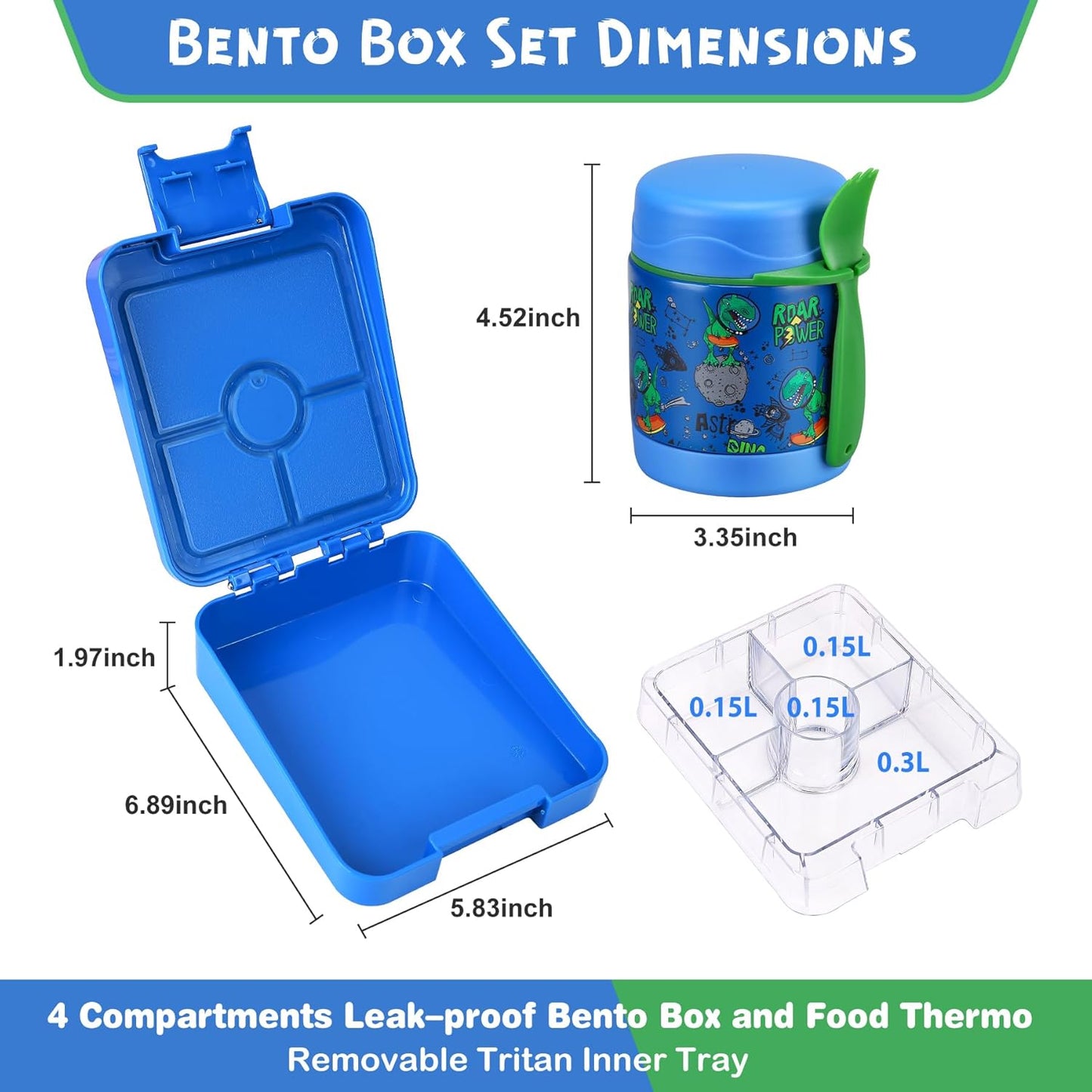 Bento Lunch Box Set With 10oz Soup Thermo, Leak-proof Lunch Containers with 4 Compartment, Kids Hot Thermo Food Jar/Insulation Lunch Bag, Food Containers for School（Dinosaur）