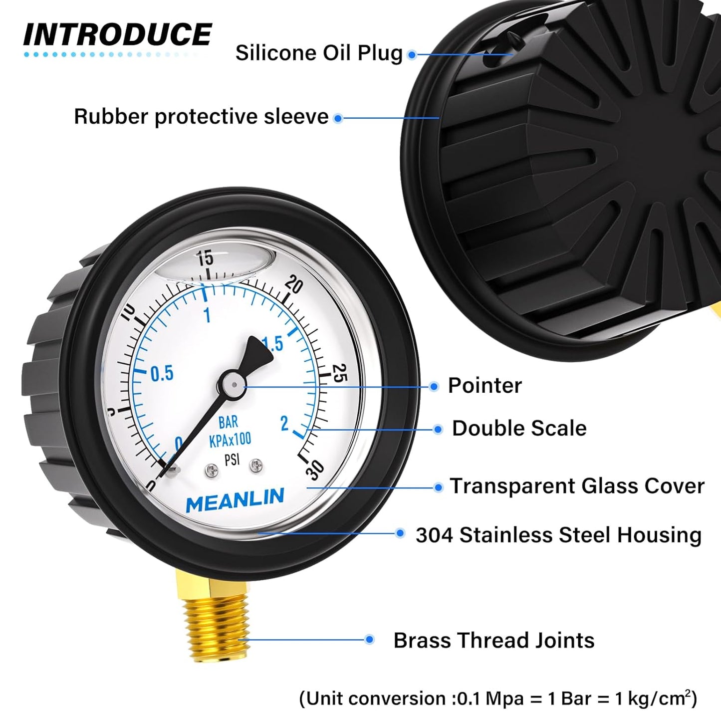 MEANLIN MEASURE 0~30Psi Stainless Steel Liquid Filled Pressure Gauge 1/4" NPT 2.5" FACE DIAL with Rubber Protective Sleeve, Lower Mount