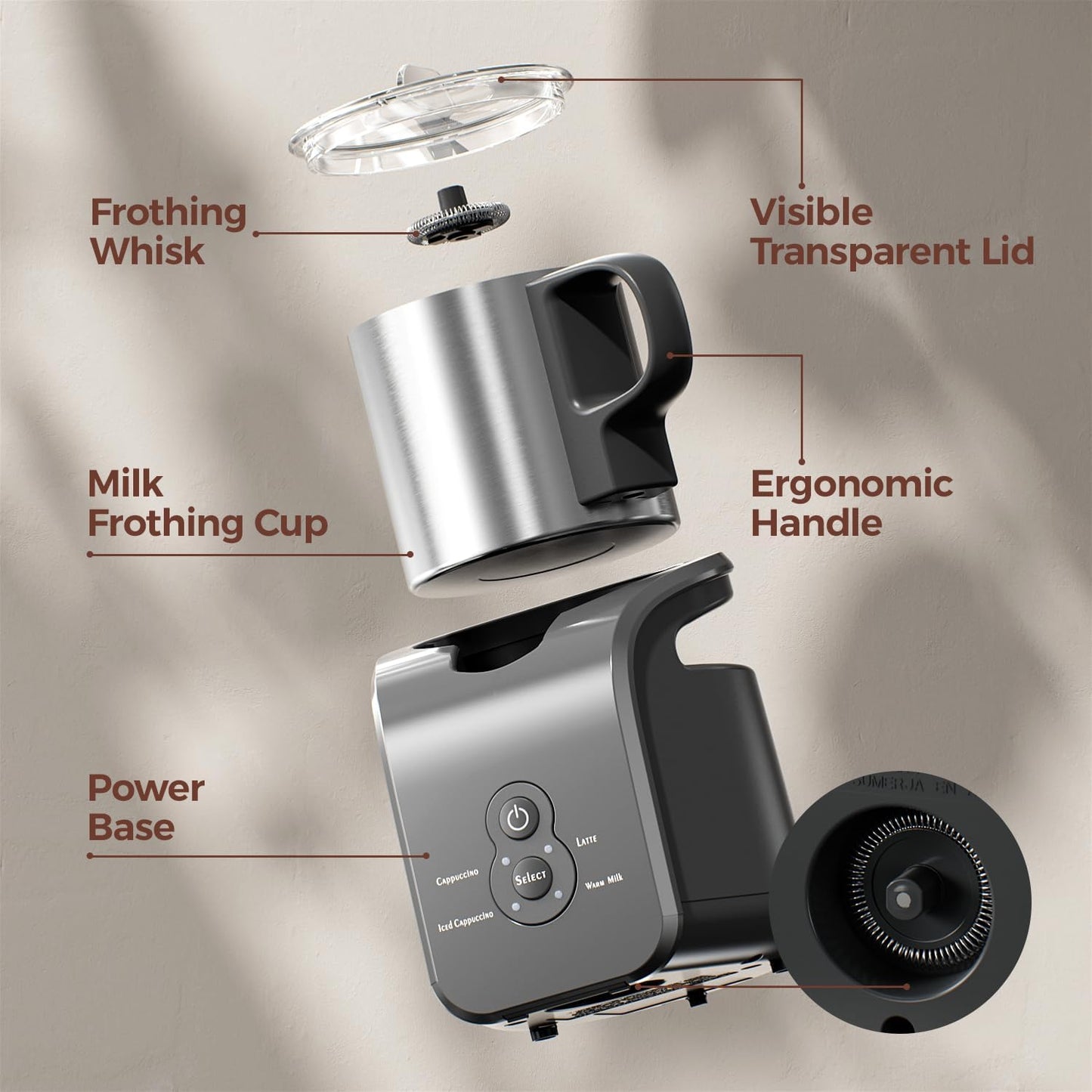 Milk Frother - Electric Steamer, 4-in-1 Automatic Warm and Cold Cappuccino Foam Maker, 12.5oz Milk Warmer for Latte, Macchiato, Stainless Steel