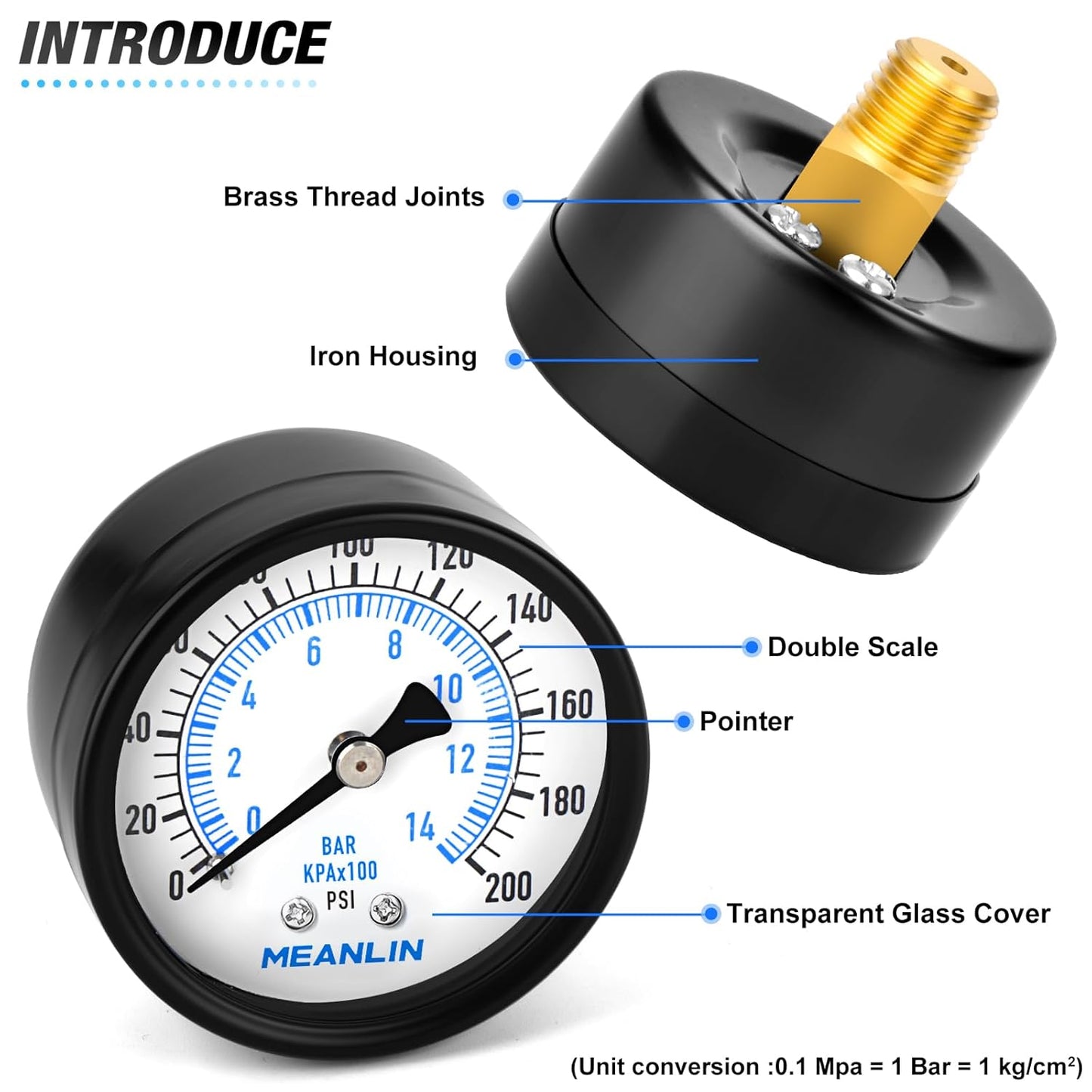 MEANLIN MEASURE 0-200Psi Well Pump Pressure Gauge 1/4" NPT 2" FACE DIAL for Air Compressor Air Regulator Water Filter Back Mount, with Teflon Tape