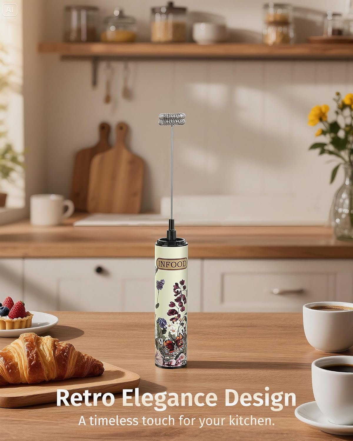 Milk Frother Rechargeable with Cover - Coffee Frother Wand, Drink Mixer Handheld with 2 Detachable Stainless Whisks 2 Speed Adjustable for Latte, Cappuccino, Hot Chocolate, Egg, Vintage Floral