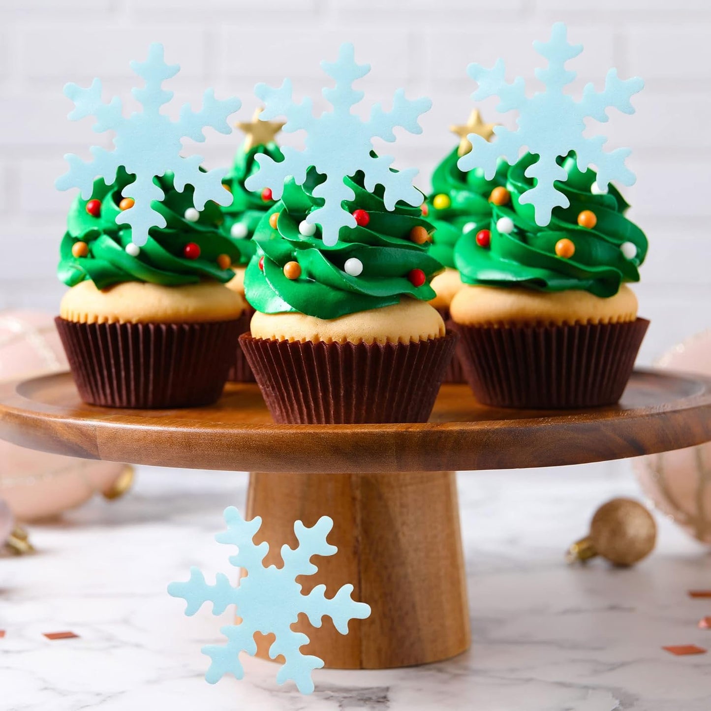 Gyufise 50Pcs Edible Snowflakes Blue Cupcake Cake Toppers Decoration for Chirstmas Winter Frozen Theme Party Supplies