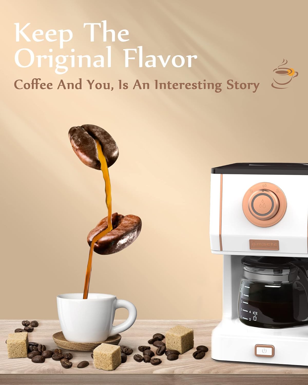 Amaste Retro Style Coffee Machine with 25 Oz Glass Coffee Pot, Reusable Coffee Filter & Three Brewing Modes, 30minute-warm-keeping, Elegant White with Rose Gold