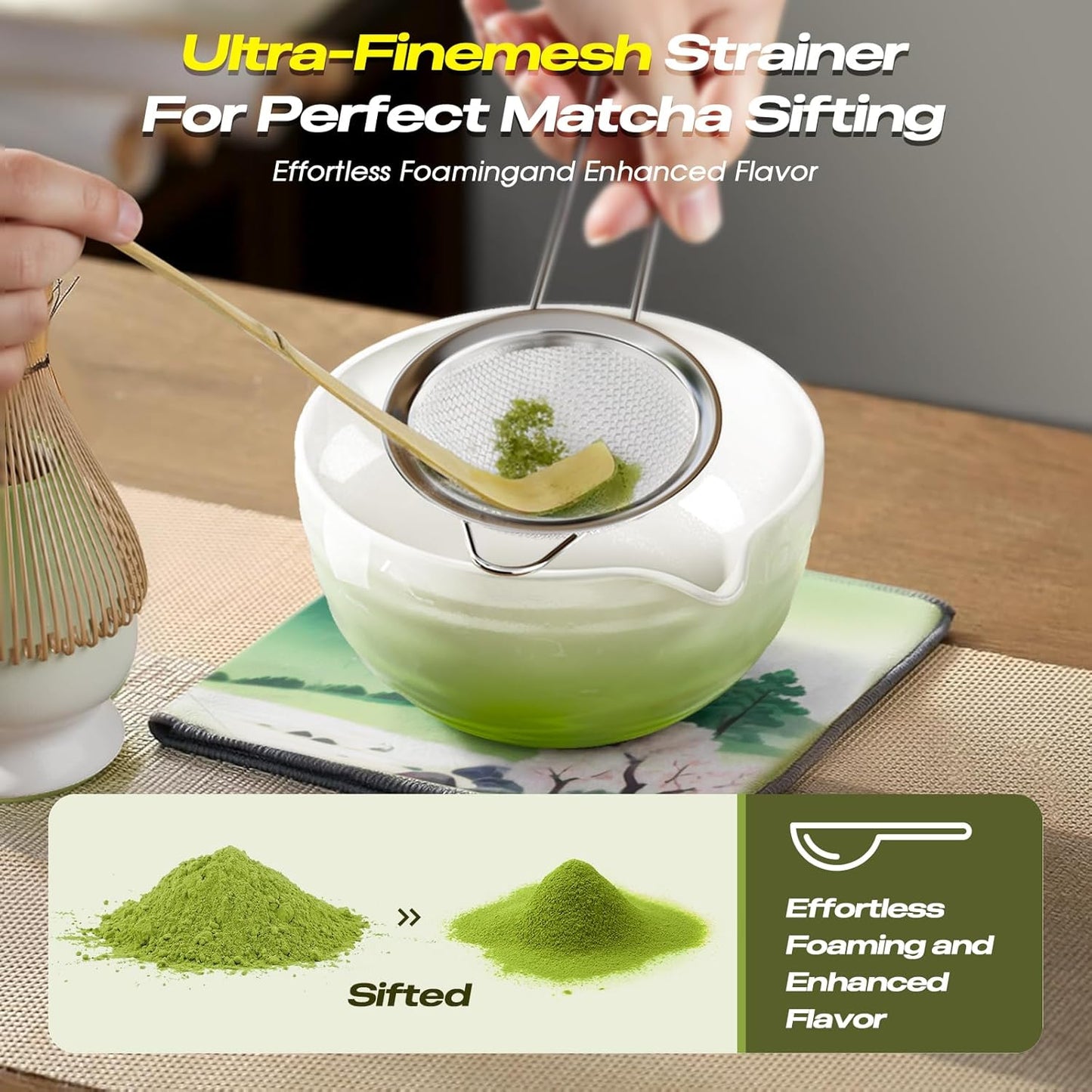 Matcha Whisk Set - 8 Pcs Tea Set with Bamboo Whisk and Holder, Ceramic Bowl, Bamboo Scoop and Spoon,Scoop Rest, Sifter & Tea Towel, Japanese Home Matcha Kit for Authentic Ceremony (Green)