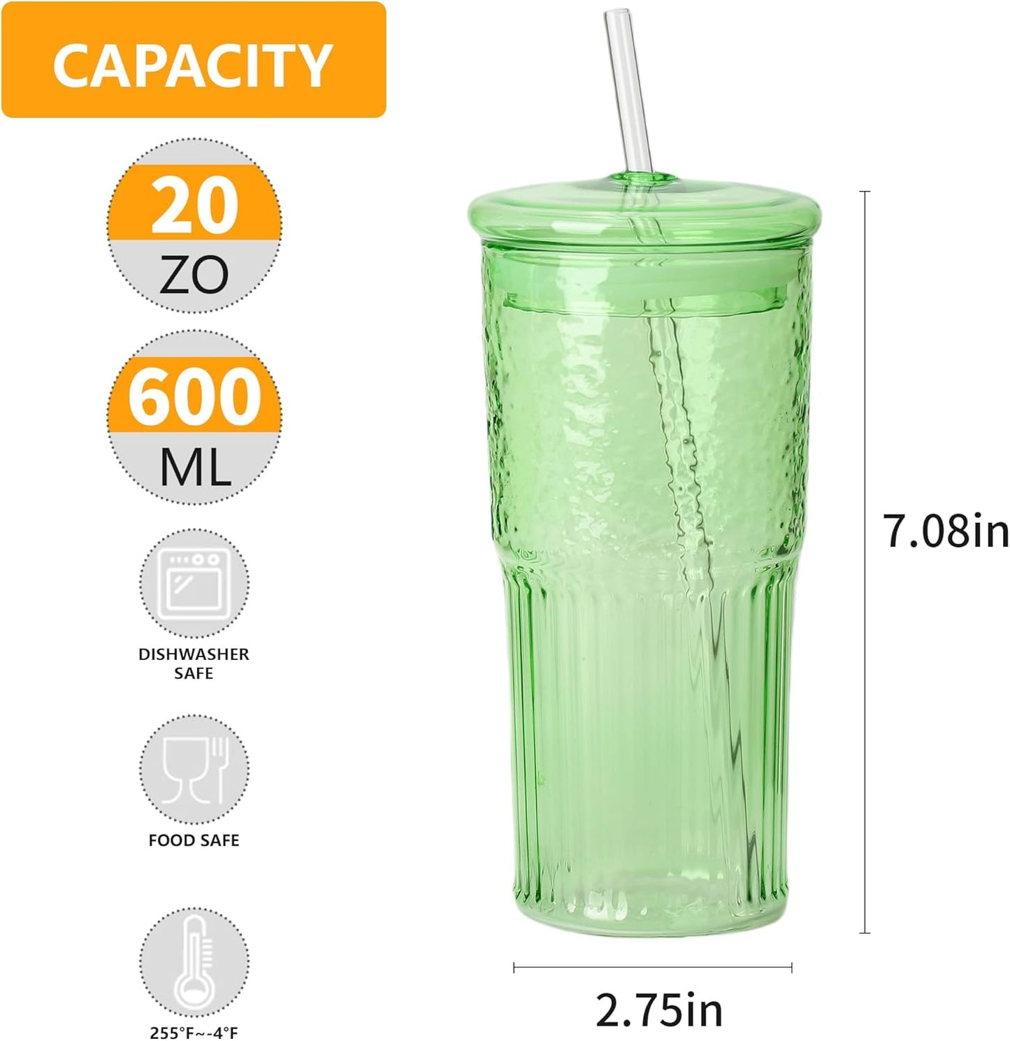 20 OZ Glass Cup with Lids and Glass Straws, High Borosilicate Iced Coffee Glass Tumblers with Lid and Straw for Drinks, 2pcs Reusable Wide Mouth Smoothie Cup(Green)