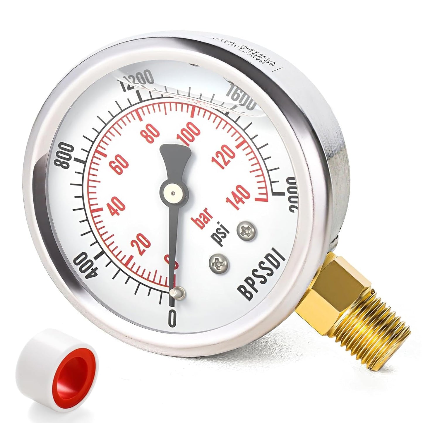 0-2000 Psi Glycerin Liquid Filled Hydraulic High Pressure Gauge, 2.5" Dial Size, 1/4" NPT Lower Mount, 304 Stainless Steel Case, for Water Oil Air Gas Pressure Test