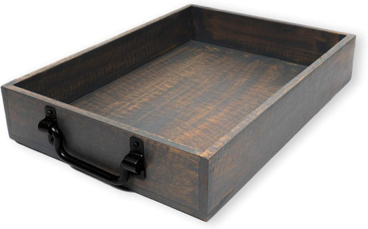 GoCraft Handmade Wooden Tray with Metal Handles – 15" x 11" x 2.5" Decorative Serving Tray in Grey Washed Finish – Versatile Tray for Breakfast in Bed, Lunch, Dinner, Appetizers, Coffee Table