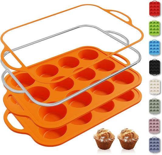 2 Packs 12 Cups Silicone Muffin Pan with Metal Reinforced Frame Regular Size Cupcake Pan Tray Egg Bites Silicone Cookie Molds Muffin Tin Tart Pans Baking Set for Easter Christmas holiday Cookie