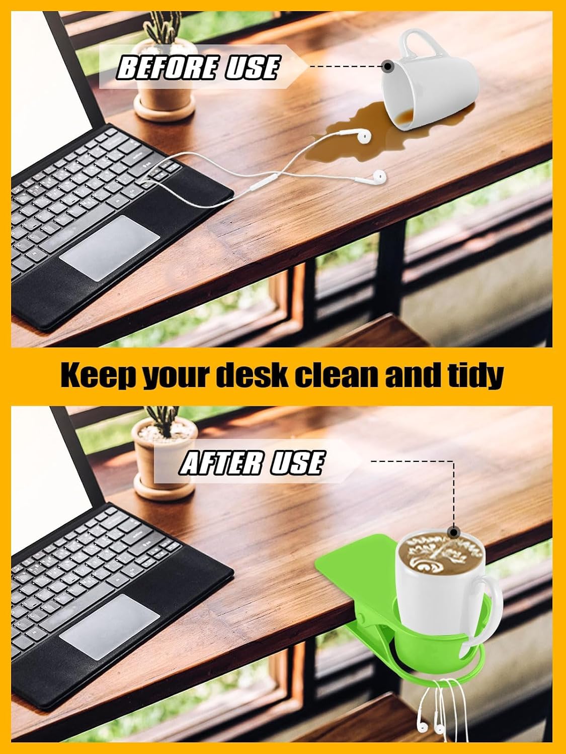 3PCS Drinking Cup Holder Clip Kalolary Chair Desk Bottle Cup Stand DIY Glass Clamp Storage Saucer Clip with Groove for Potted Plant Beverage Coffee Mug Holder Clip for Home Office (Yellow Green Blue)