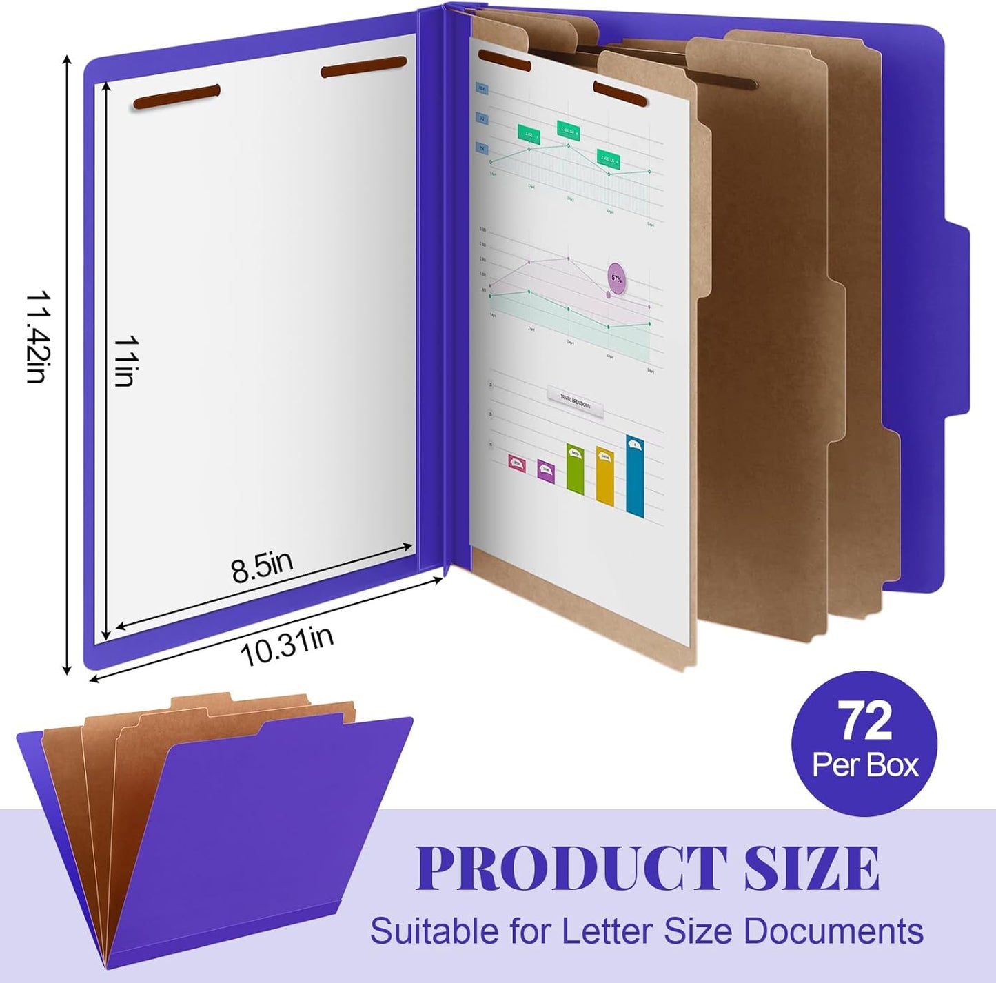 72 Pcs Classification Folders Letter Size, Back to School Supply for Teacher, Student, 3 Dividers Pressboard File Folder Bulk with 2 Fasteners, 3.5 Inch Expanding File Organizer (Purple)