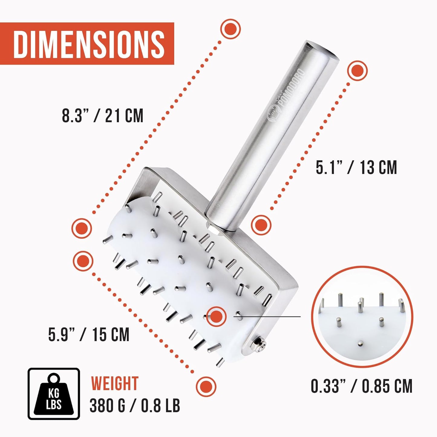 Chef Pomodoro Stainless Steel Pizza Dough Docker Roller (21 x 14.5 cm, Spike Length 7 mm) - Essential Kitchen Tool for Crackers Chef Pomodoro Stainless Steel Pizza Dough Roller