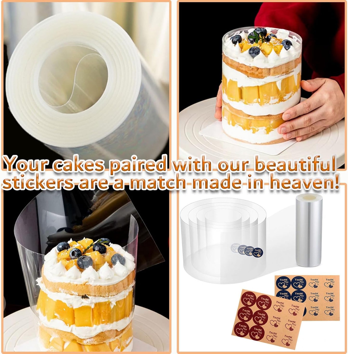 Cake Rings Mousse Mold Acetate Cake Collar Set - Adjustable 6 to12 Inches Stainless Steel Baking Rings Round Cake Molds with 5.5 x 394 Inch Clear Cake Acetate Sheet Rolls for Baking Pastry, Cake Decor