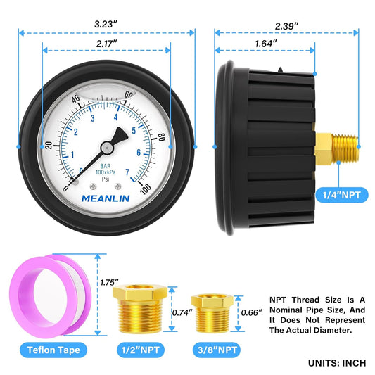 MEANLIN MEASURE 0~100Psi Stainless Steel 1/4" NPT 2.5" FACE DIAL,Liquid Filled Pressure Gauge, Center Back Mount (with Rubber Protective Sleeve), with 1/2" NPT and 3/8" NPT Hex Bushing