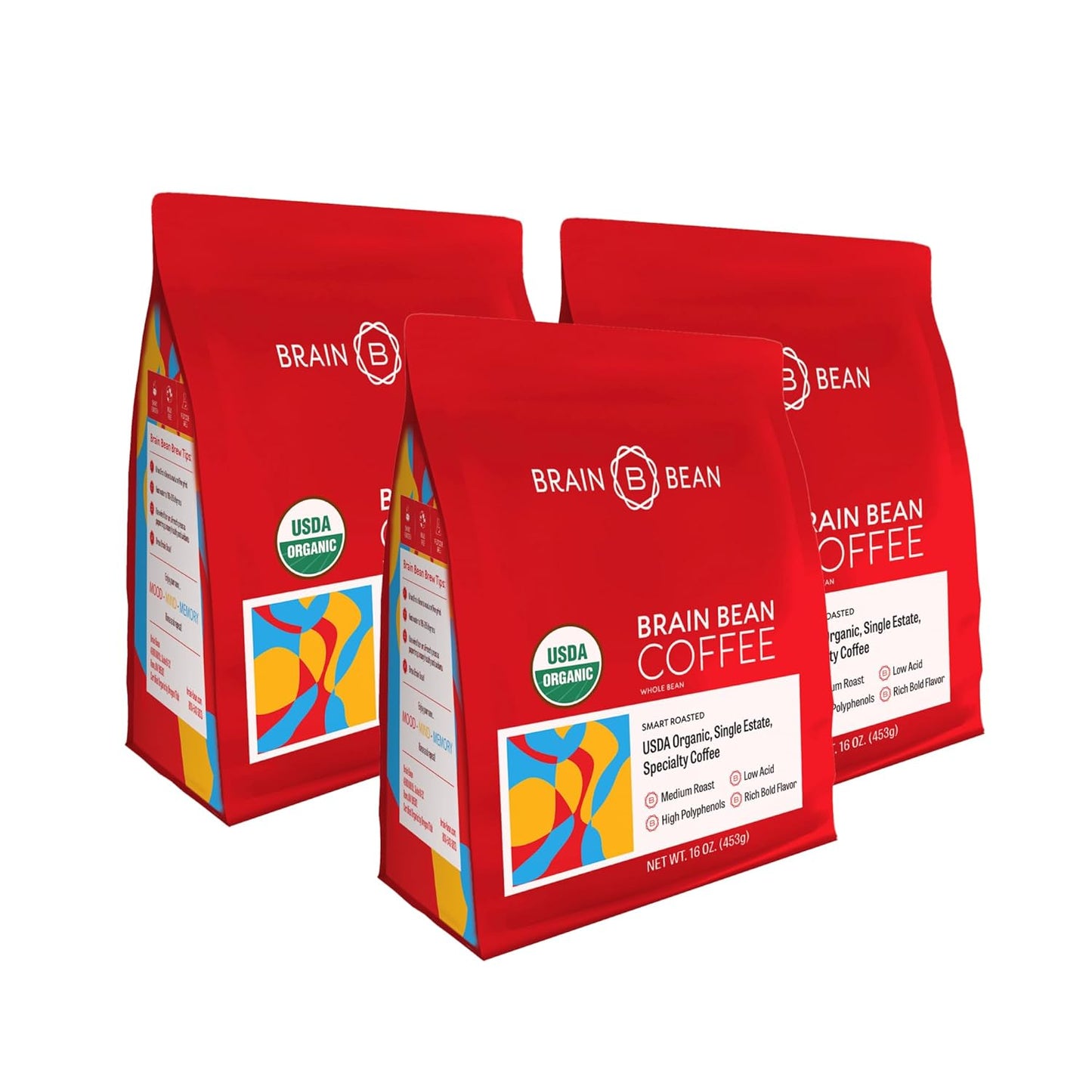 Brain Bean Organic Coffee – Smooth Taste & Rich Medium Roast – High Antioxidant & USDA certified organic for Cognitive Support, Mood Enhancement & Toxin Removal - Whole Bean Coffee – 16 oz (3-Pack)