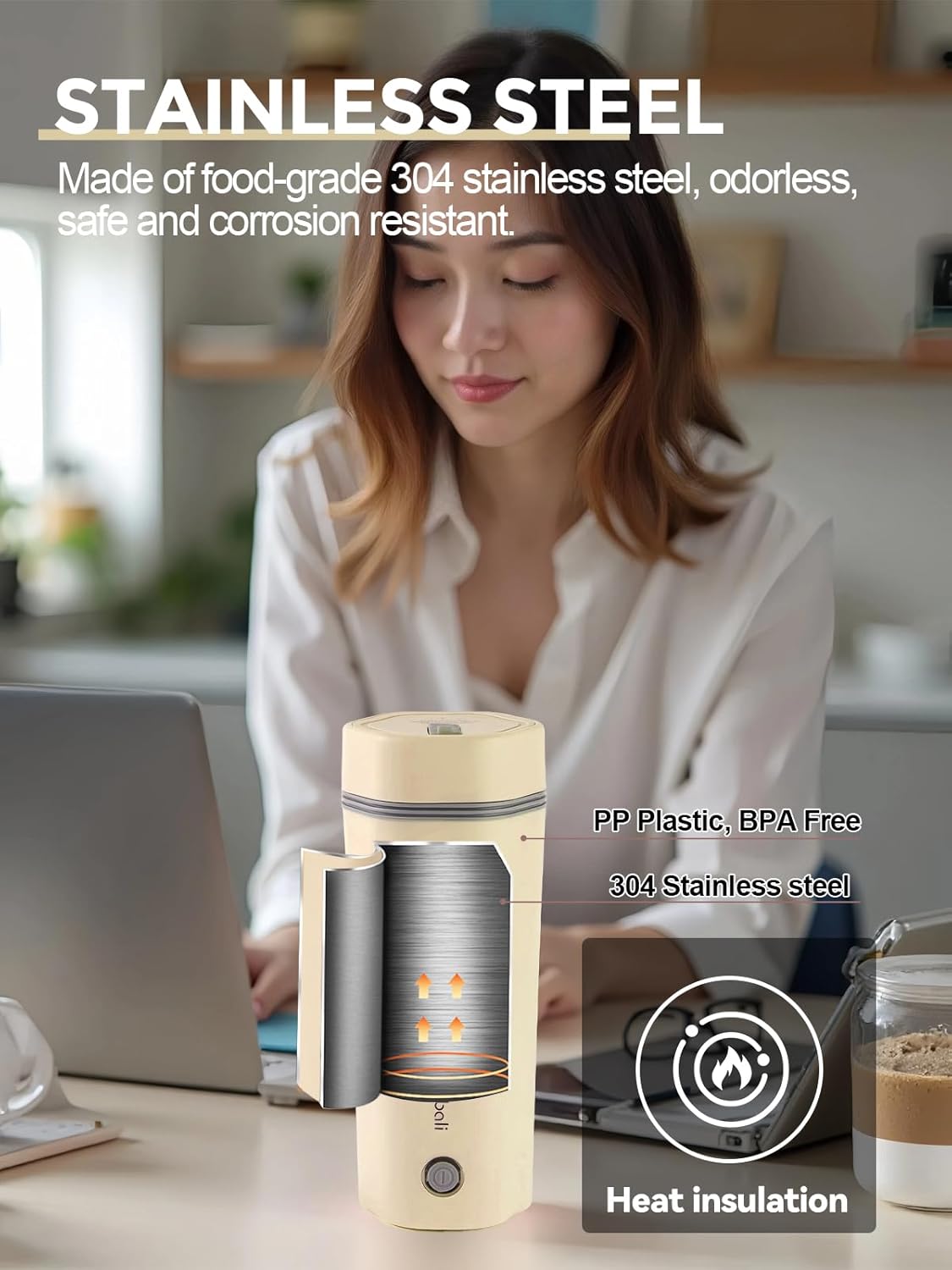 balbali Travel Kettle - 12oz Portable Electric Kettle for Boiling Water - Self Heating Cup/Thermos - Single Size Personal Tea Maker -Hot Water Boiler/Heater/Warmer - Yellow