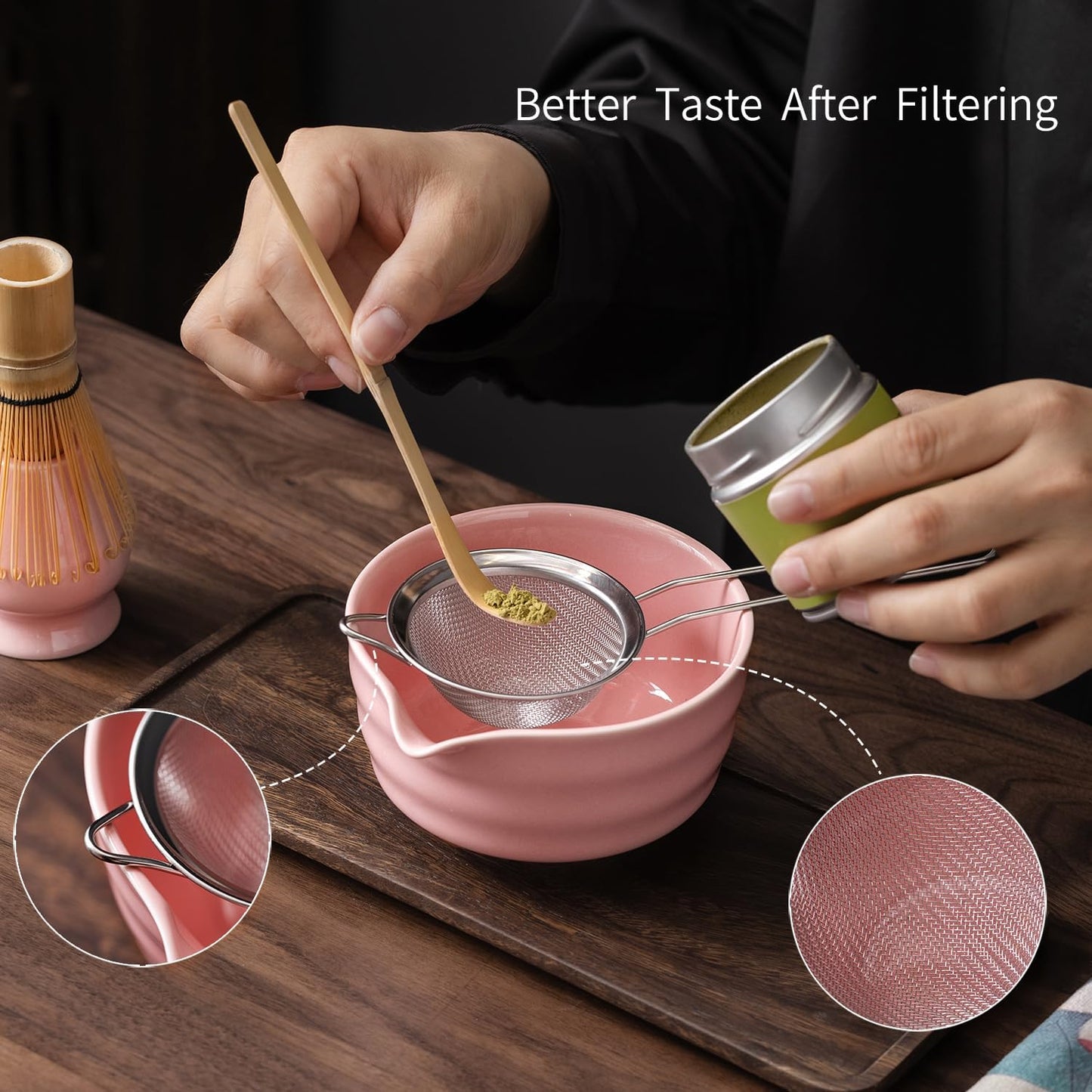 Matcha Set, Matcha Whisk Set Includes Matcha Bowl with Spout, Bamboo Whisk, Matcha Whisk Holder, Sifter, Scoop, Spoon Holder, Tea Towel- 7pcs Perfect Matcha Kit for Matcha Tea Ceremony (Pink)