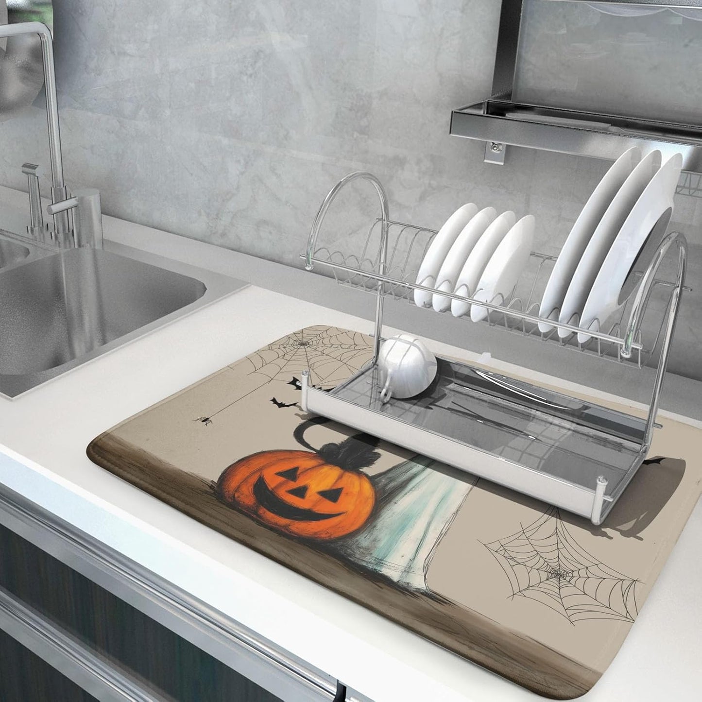 Happy Halloween Black Cat Ghost Dish Drying Mat for Kitchen Counter,Halloween Pumpkin Spiderweb Bat Drying Mat 18 x 24 Inch with High Absorbent Microfiber Drainer Mat for Coffee Bar