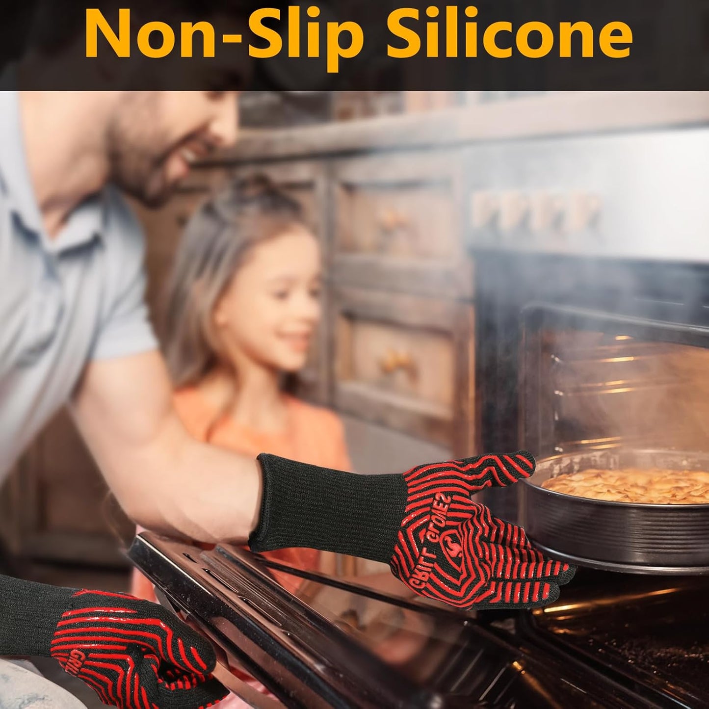 BBQ Gloves, BBQ Accessories 1472℉ Extreme Heat Resistant, Grilling Gloves Silicone Non-Slip Oven Mitts, Kitchen Gloves for BBQ, Grilling, Cooking, Baking-1 Pair 14inch