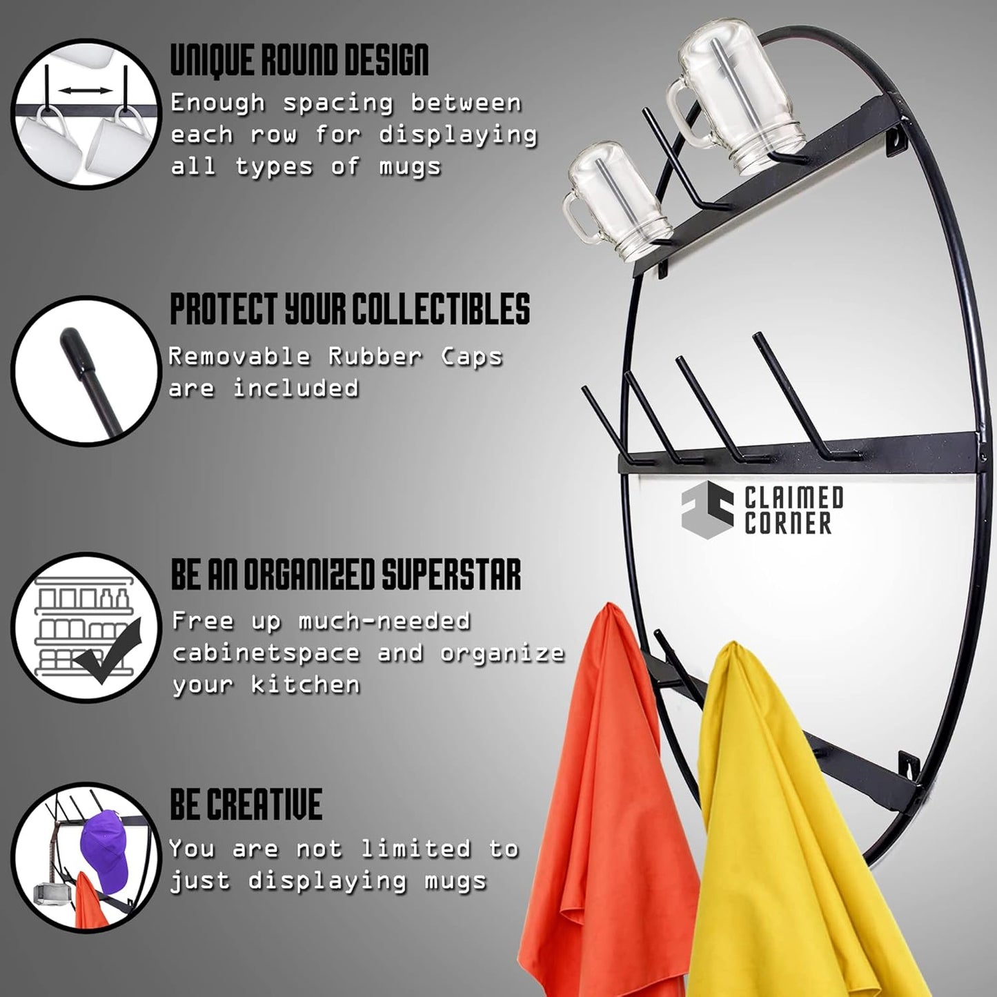 Claimed Corner Mug Rack with Sturdy Steel Frame, Matte Black Finish, Removable Rubber Caps, Wall Mounted (Round 24" x 24")