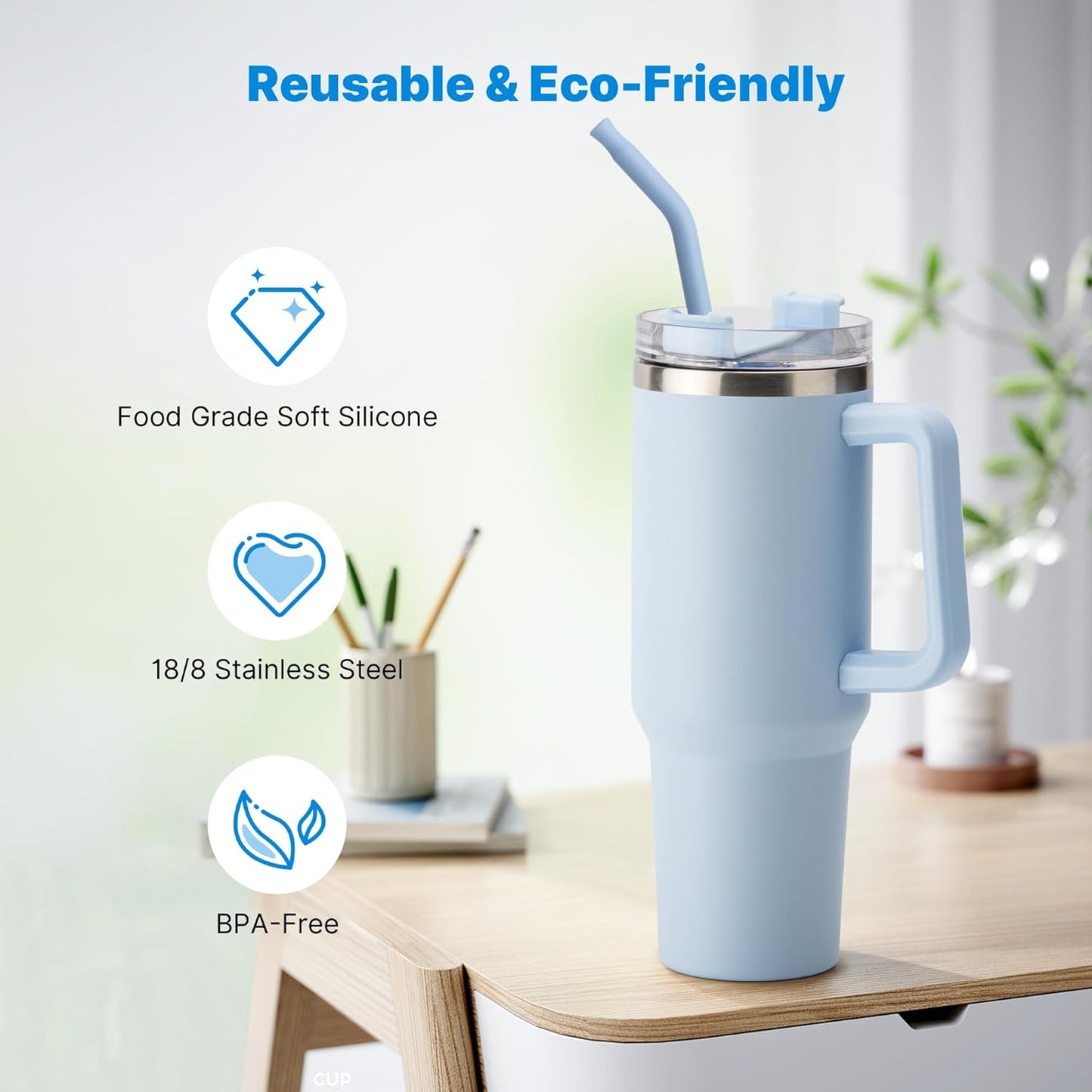 Metal Straw with Silicone Tip for 30oz Stanley Cup, 2 Pcs Stainless Steel Straws Replacement for Stanley 30 oz Adventure Quencher Travel Tumbler Cup, 1 Straw Brush (Light Blue)