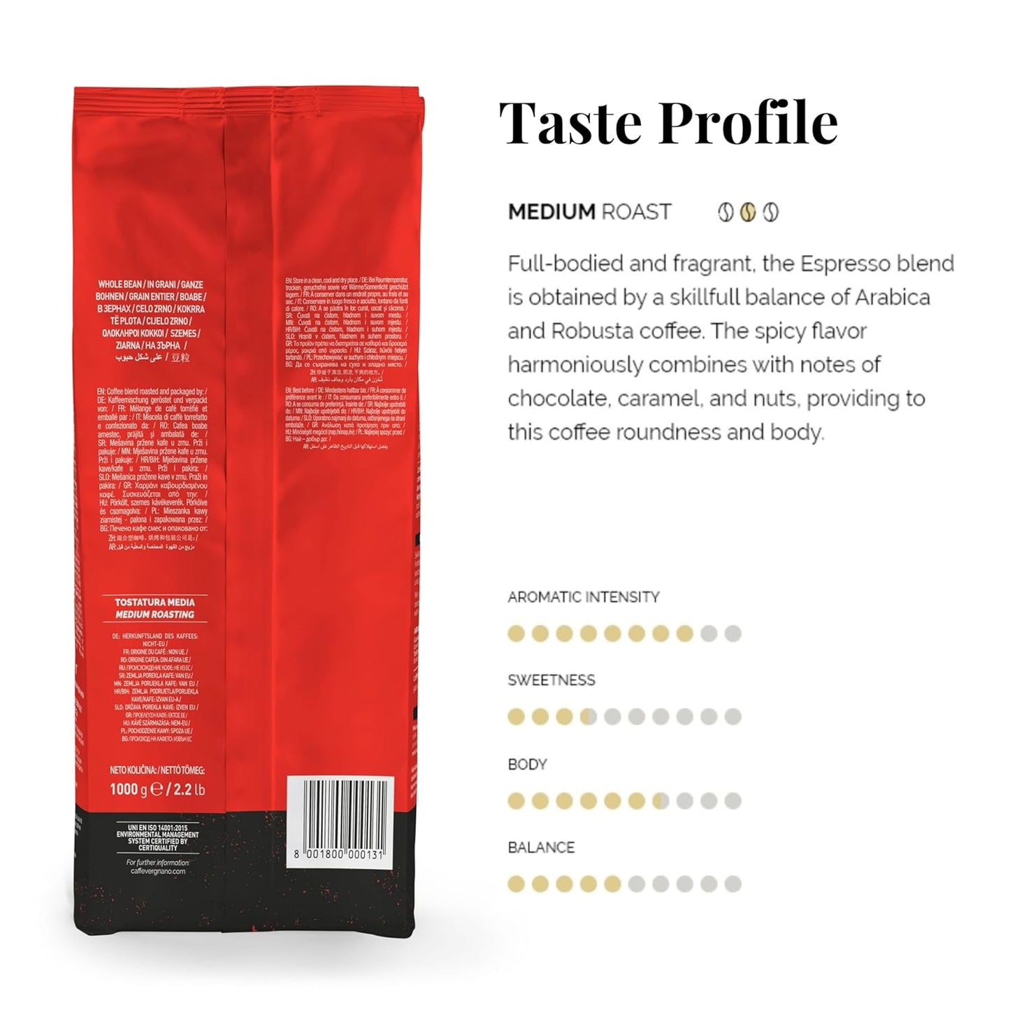 Caffe Vergnano 1882 Espresso Whole Bean Arabica Roast Coffee, 2.2 lb bag - Italian Medium Roast Coffee Beans with notes of Chocolate, Nuts & Caramel, Intensity 7/10-1000g Bag (2 Pack)