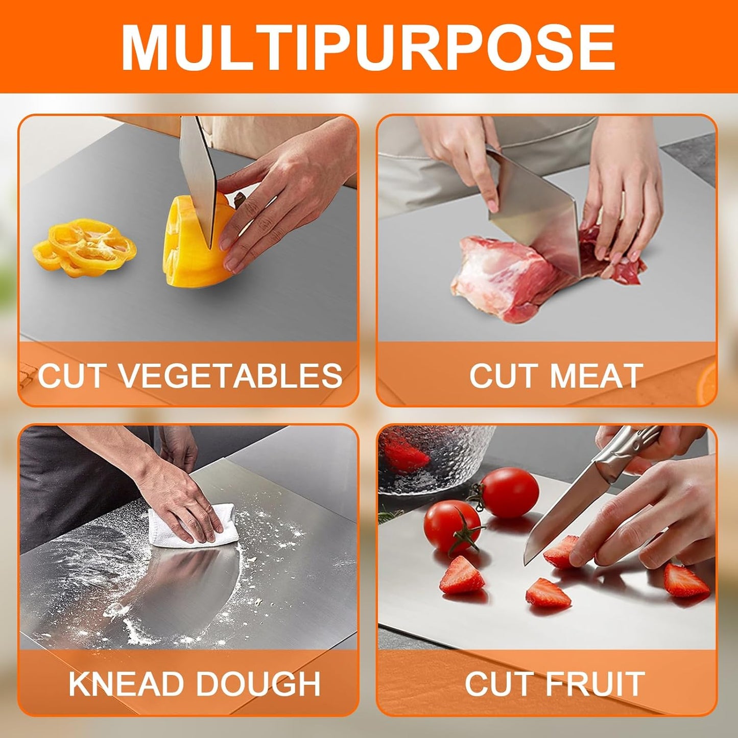 304 Stainless Steel Cutting Board with 2 Pack Non-Slip Mats, Yoposeo Heavy Duty Baking Cutting Chopping Boards for Kitchen, Meat, Fruits, Vegetables, Bread and Baking (19.7" X 15.7"/ 50 X 40cm)