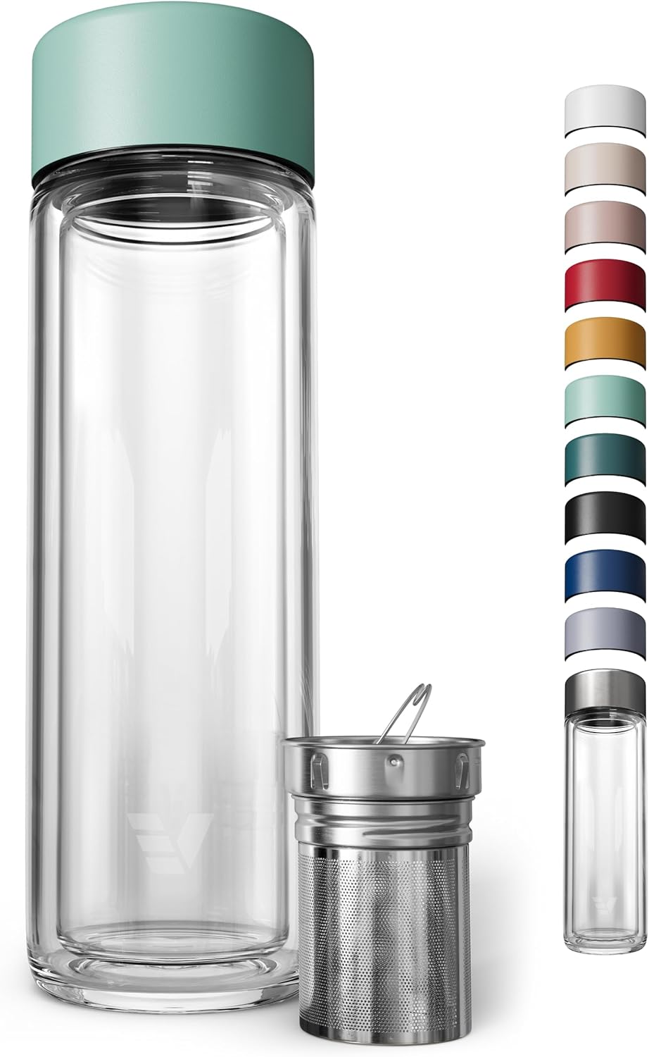 Glass Multi Tea Infuser Bottle 14oz - Double Wall Borosilicate Glass Flask | No Plastic Touches Contents | Perfect for Office or Home - Light Green