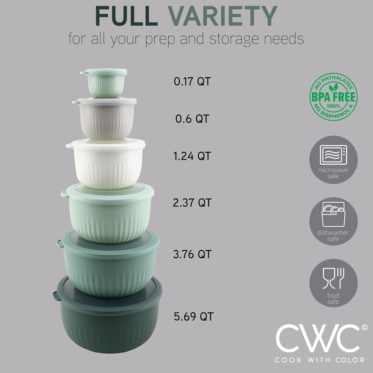 COOK WITH COLOR Prep Bowls with Lids- Wide and Deep Nesting Plastic Small Mixing Bowl Set with Lids, 12 Piece Set - Deep Bowls, Sage