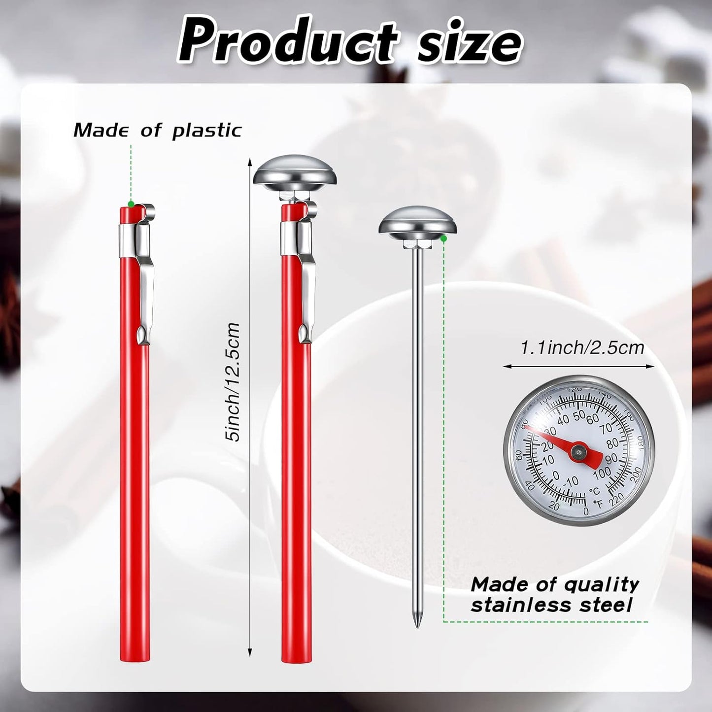 Xuhal 12 Pcs Stainless Steel Kitchen Thermometer with 5 Inch Long Stem 1 Inch Dial Thermometer Milk Frothing Food for Oven Probe Meat Grill BBQ Cooking Chocolate Water (Red)