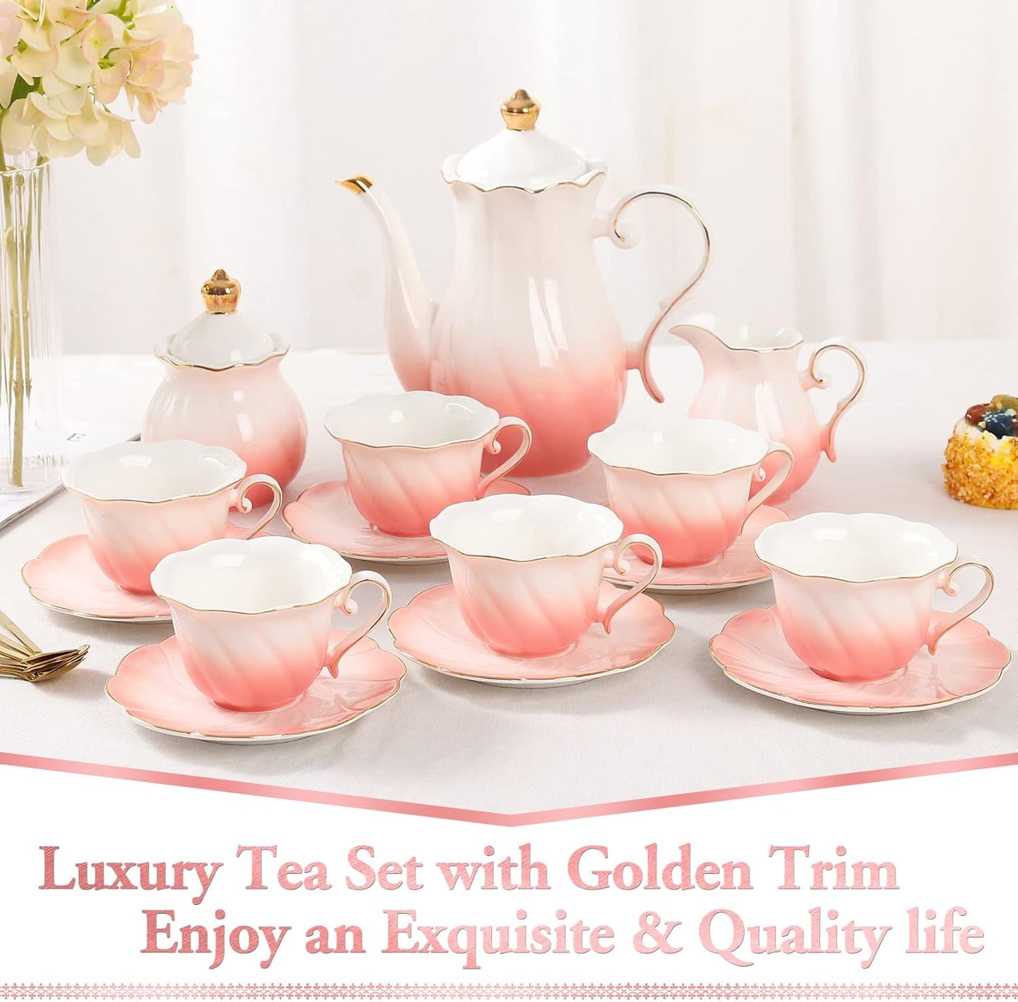 DUJUST 22 pcs Porcelain Tea Set for 6, Luxury British Style Tea/Coffee Cup Set with Golden Trim, Beautiful Tea Set for Women, Tea Party Set, Gift Package (With a Stand) - Gradient Pink