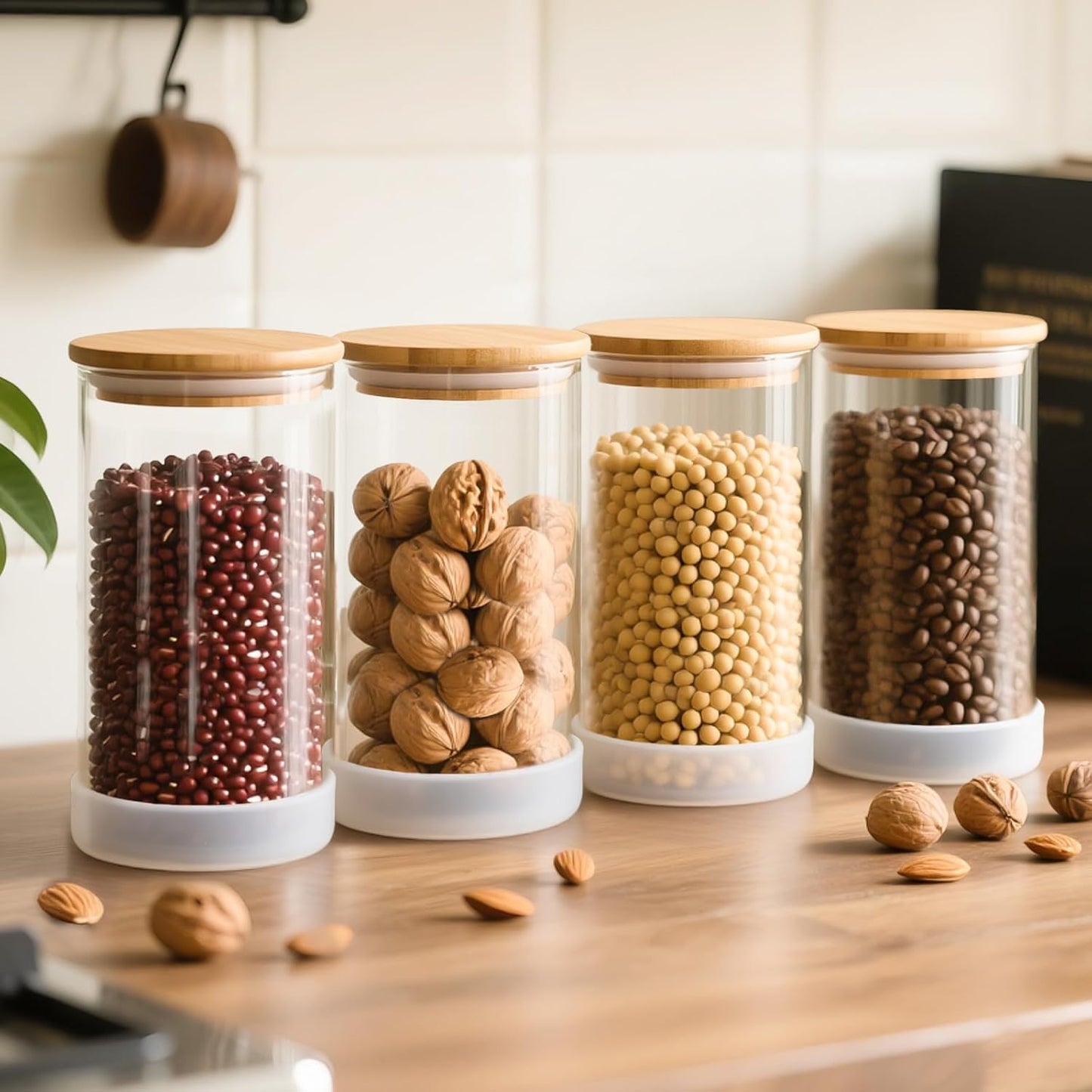 53oz Round Glass Storage Containers with Bamboo Lids – 4 Pack Large Airtight Glass Jars for Pantry Organization, Kitchen Dry Food, Flour, Cereal, Coffee Beans & Staples