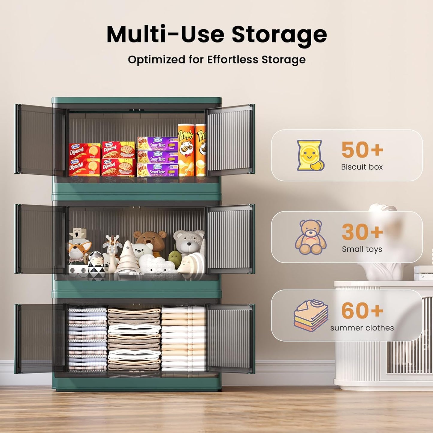 19Gal Collapsible Storage Bins with Lids & Wheels - 1 Pack Stackable with Doors, Heavy-Duty Plastic Containers for Home/Office, Green